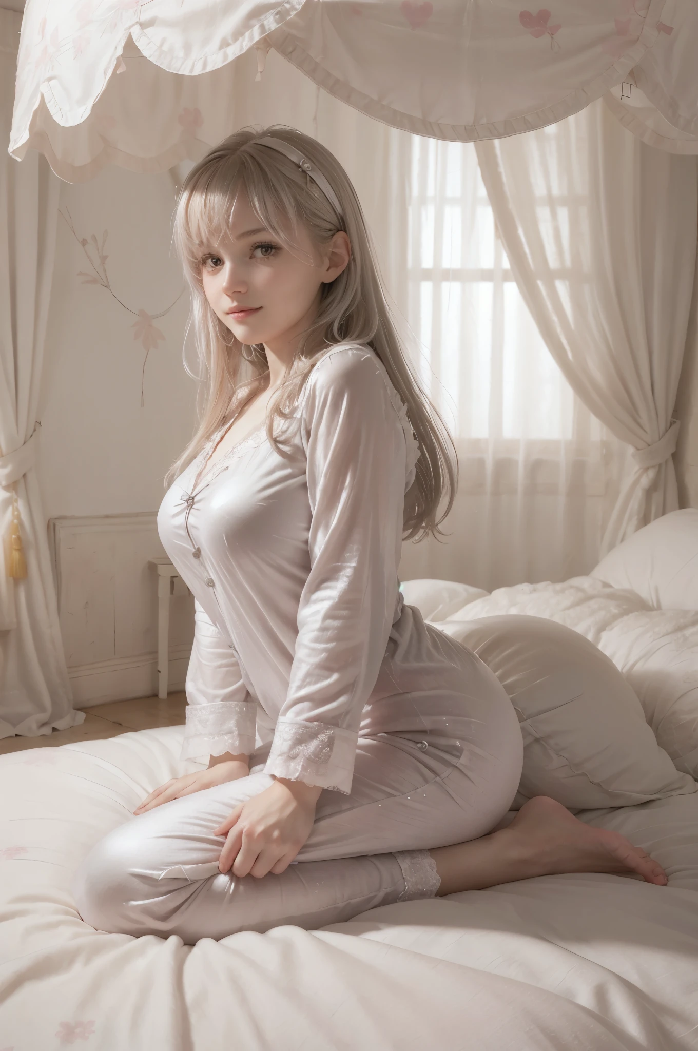 photo of mariya with long blonde hair, bang, NSFW, (petite:1.4), wearing (silver pajamas:1.3), (mastrubating:1.8), on bed in a cute girly bedroom adorned with pastel hues and playful decor. The walls are painted in soft pinks or lavender, with a delicate floral or heart-patterned wallpaper as an accent. A canopy bed with sheer, flowy curtains creates a dreamy atmosphere. Plush stuffed animals and fluffy throw pillows in various shades of pink adorn the bed,
realistic, photorealistic,
High quality, RAW photograph, detailed background, intricate, highly detailed, sharp focus, high resolution, 8k, uhd, dslr, realistic eyes, perfect eyes,