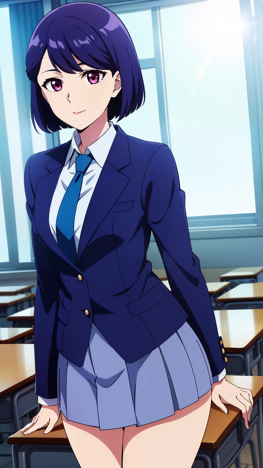 1 girl,(purple eyes, purple hair), bangs, bob cut,(school uniform, navy blue blazer, tie, white shirt, checkered miniskirt, classroom), calm and collected, half smile,
20 years,young woman,beautiful long legs,beautiful body, beautiful nose,beautiful character design, perfect eye, perfect face,expressive eye,perfect balance,
View your audience,(Focus on her face), (Innocent_big_eye:1.0),
Anime art style,Dynamic Angle,Official Art,Very detailed CG Unity 8k wallpaper, Perfect lighting, colorful, bright_front_face_Lighting, white skin,
(masterpiece:1.0),(Highest_quality:1.0), 超High resolution,4K,Very detailed, photograph, 8k, high resolution, high resolution, (Absurd:1.2), Kodak Portrait 400, Film Grain,  Lens flare, (Vibrant_color:1.2), professional photograph,
(beautiful_small medium breasts:1,2), (beautiful_face:1.0), (narrow_Waist), (cowboyshot:1.2)