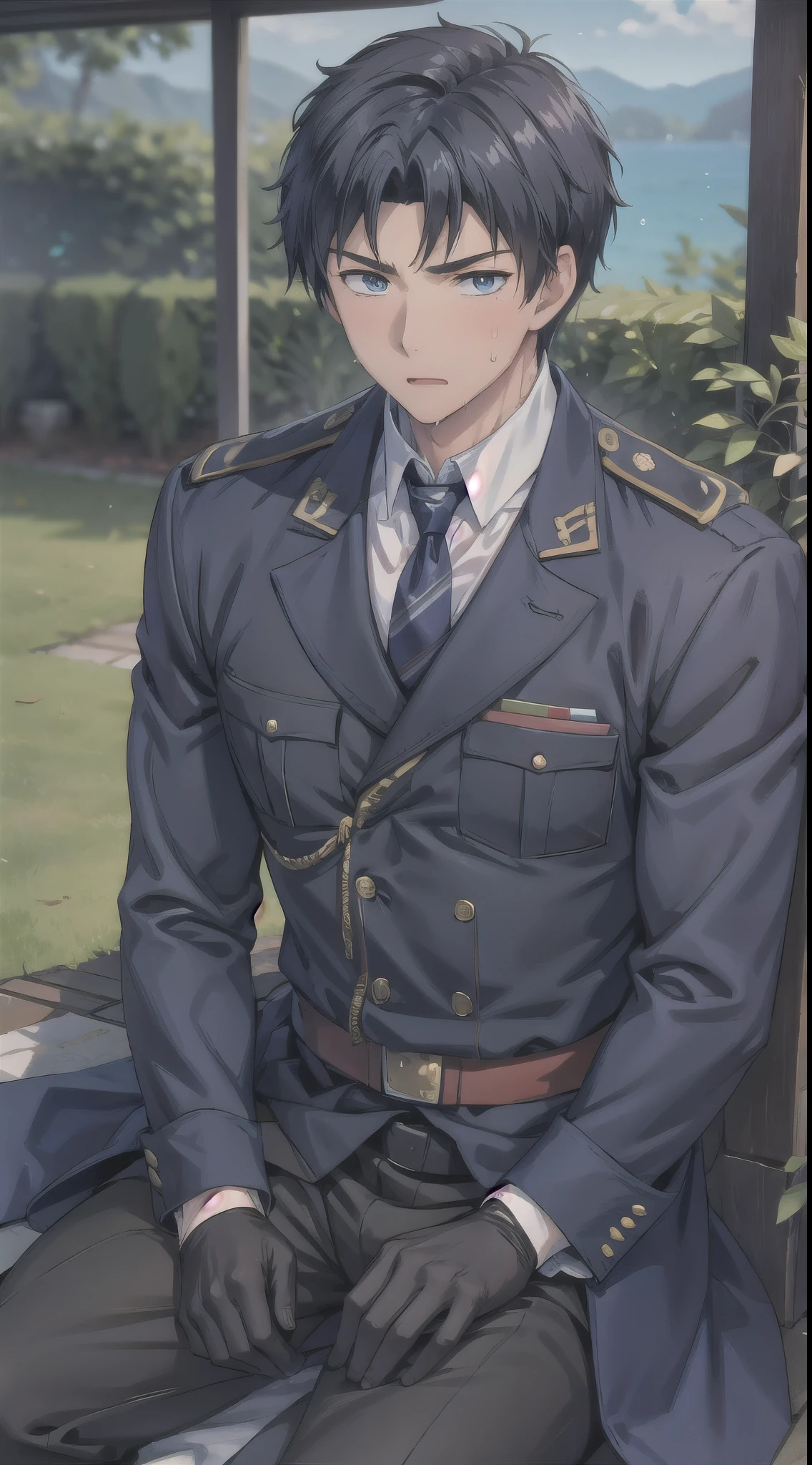 Hector Fay, Ultra high quality cg, solitary, Looking at the audience, Open your mouth, Sweating, Wet, Drooling, Gloves, 1 man,, Male focus, tie，shirt， military uniform，Lie down with your legs open
