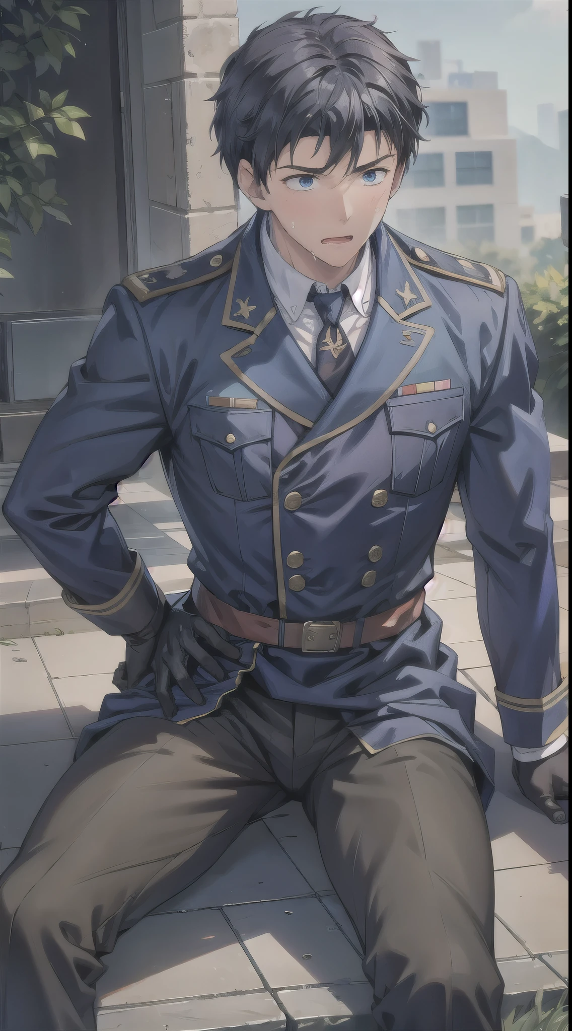 Hector Fay, Ultra high quality cg, solitary, Looking at the audience, Open your mouth, Sweating, Wet, Drooling, Gloves, 1 man,, Male focus, tie，shirt， military uniform，Lie down with your legs open
