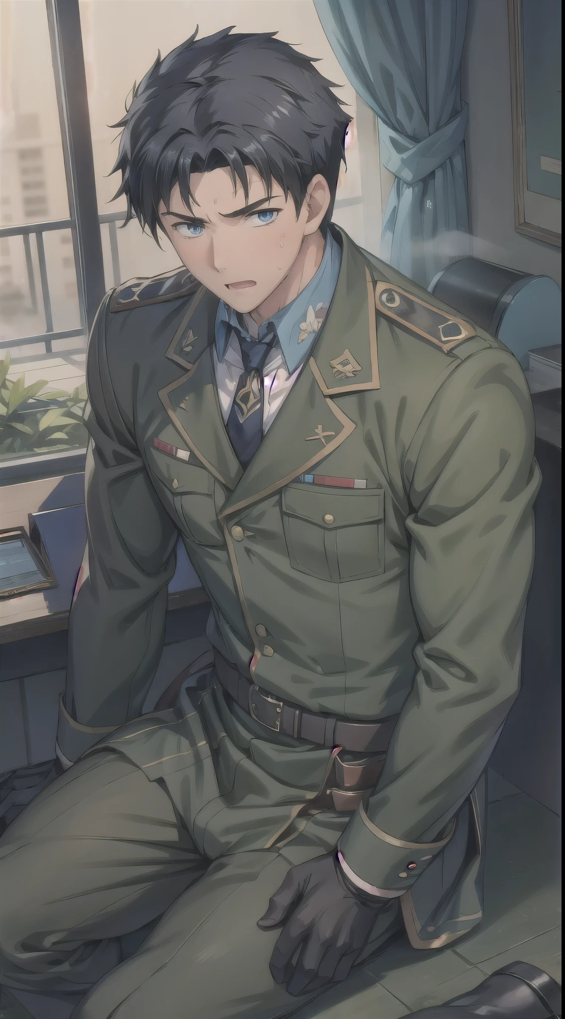 Hector Fay, Ultra high quality cg, solitary, Looking at the audience, Open your mouth, Sweating, Wet, Drooling, Gloves, 1 man,, Male focus, tie，shirt， military uniform，Lie down with your legs open
