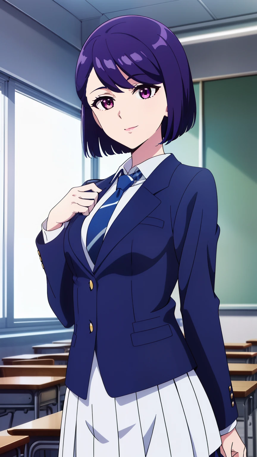 1 girl,(purple eyes, purple hair), (slanted eyes:1.2), bangs, bob cut,(school uniform, navy blue blazer, tie, white shirt, checkered miniskirt, classroom), calm and collected, half smile,
20 years,young woman,beautiful long legs,beautiful body, beautiful nose,beautiful character design, perfect eye, perfect face,expressive eye,perfect balance,
View your audience,(Focus on her face), (Innocent_big_eye:1.0),
Anime art style,Dynamic Angle,Official Art,Very detailed CG Unity 8k wallpaper, Perfect lighting, colorful, bright_front_face_Lighting, white skin,
(masterpiece:1.0),(Highest_quality:1.0), 超High resolution,4K,Very detailed, photograph, 8k, high resolution, high resolution, (Absurd:1.2), Kodak Portrait 400, Film Grain,  Lens flare, (Vibrant_color:1.2), professional photograph,
(beautiful_small medium breasts:1,2), (beautiful_face:1.0), (narrow_Waist), (cowboyshot:1.2)