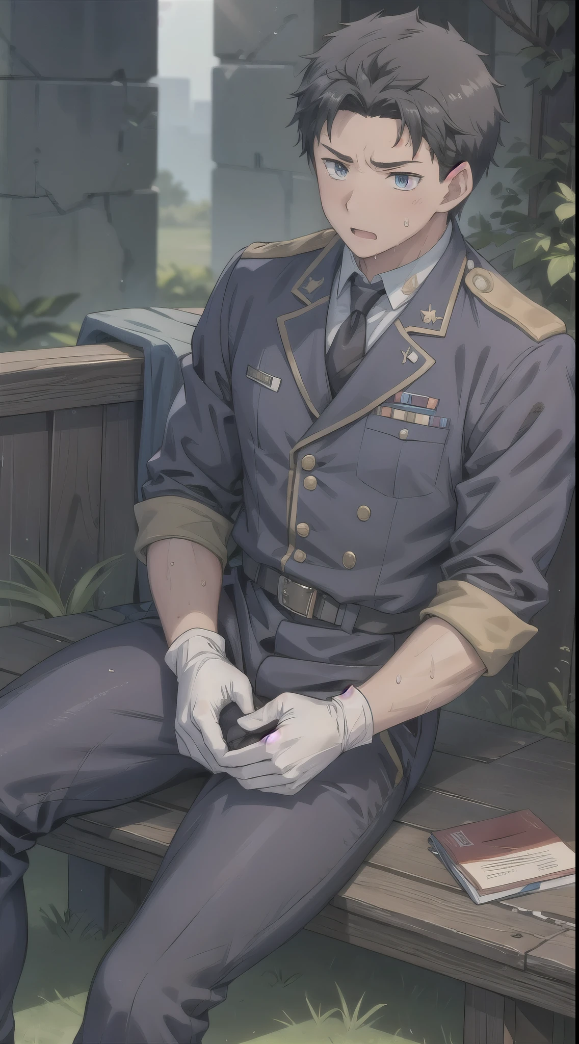 Hector Fay, Ultra high quality cg, solitary, Looking at the audience, Open your mouth, Sweating, Wet, Drooling, Gloves, 1 man,, Male focus, tie，shirt， military uniform，Lie down with your legs open
