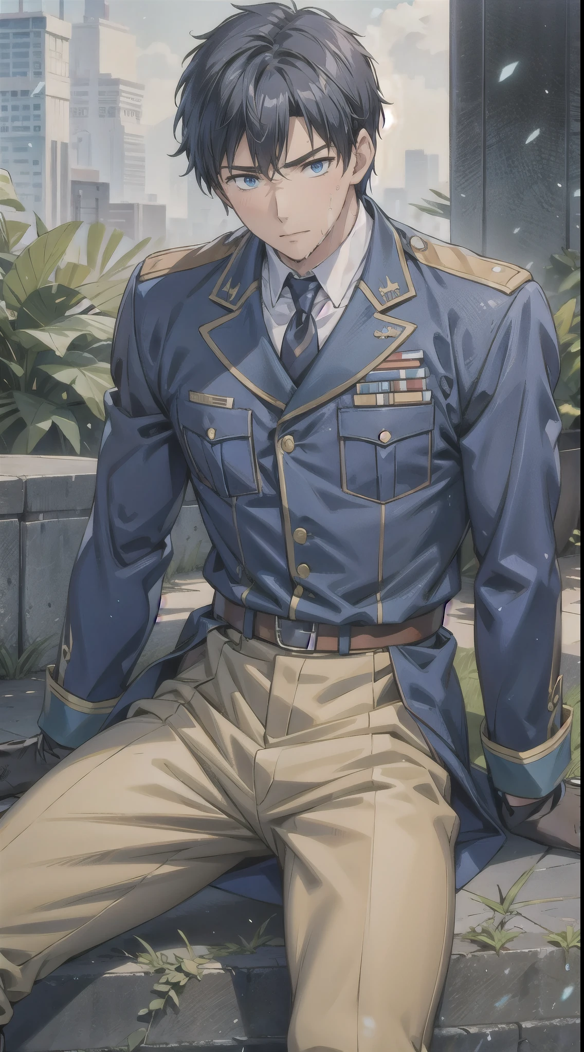 Hector Fay, Ultra high quality cg, solitary, Looking at the audience, Open your mouth, Sweating, Wet, Drooling, Gloves, 1 man,, Male focus, tie，shirt， military uniform，Lie down with your legs open
