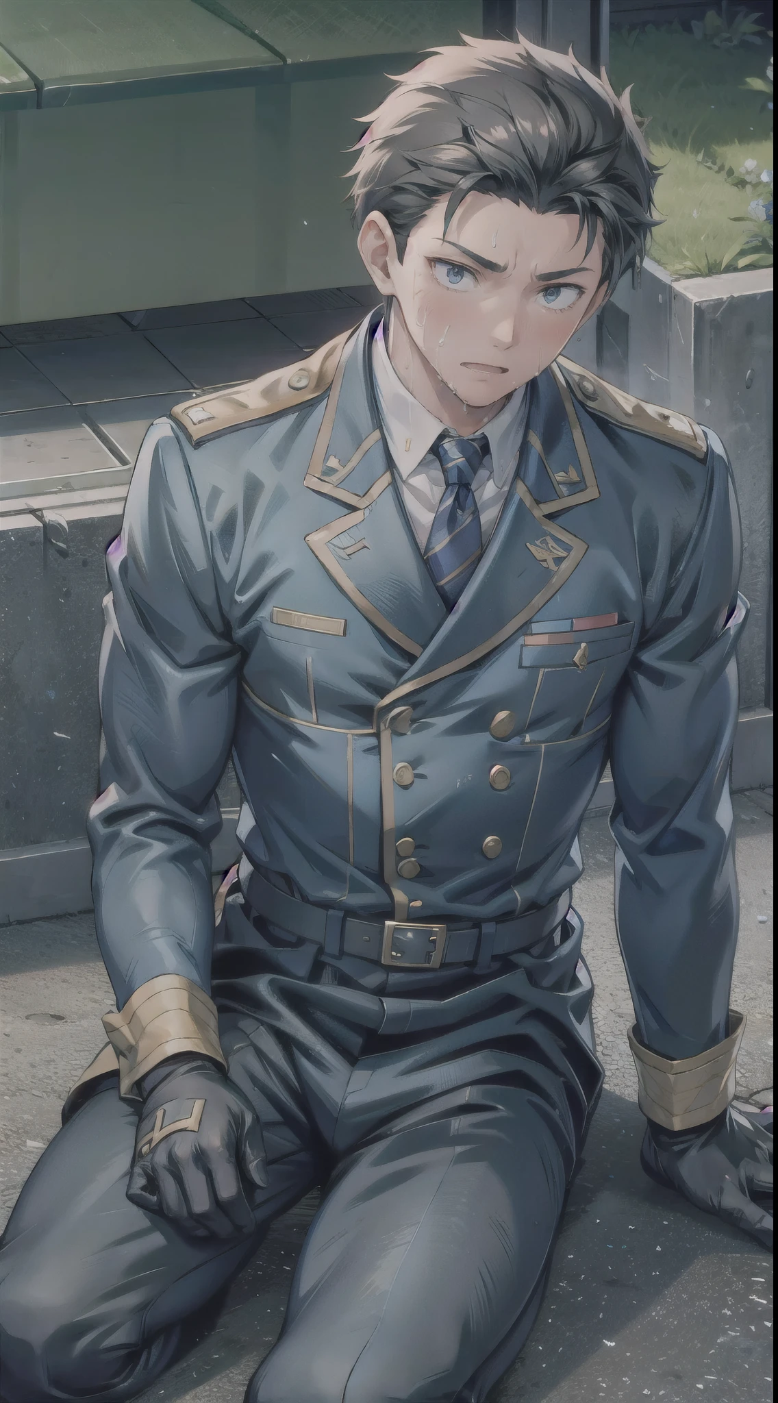 Hector Fay, Ultra high quality cg, solitary, Looking at the audience, Open your mouth, Sweating, Wet, Drooling, Gloves, 1 man,, Male focus, tie，shirt， military uniform，Lie down with your legs open
