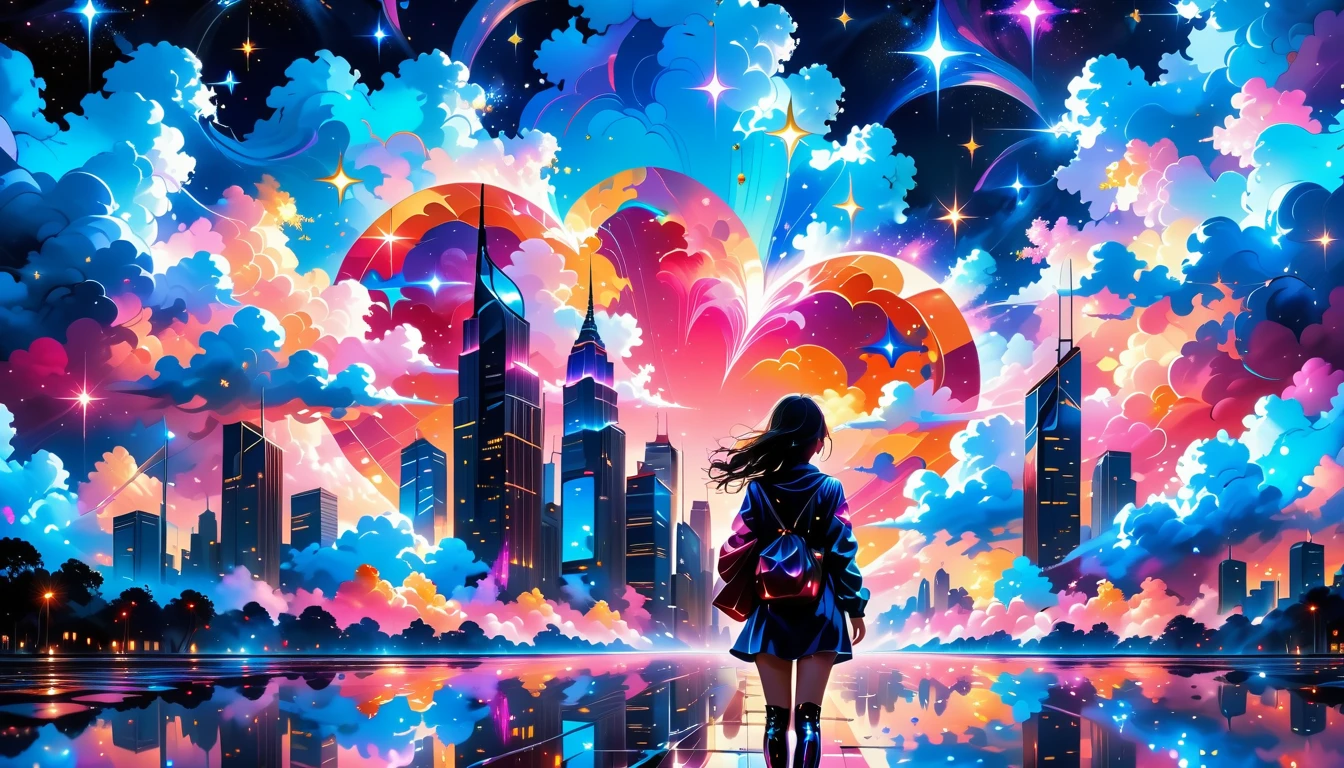 A Masterpiece In 32K Resolution: Supreme Quality, Super Detail, Official Art, Very High-Resolution 32K Wallpaper, Beautiful And Aesthetic, Ultra-Detailed Features, Awe-Inspiring Detail. A Girl Stand Far Away, A Vibrant, Surreal Night Sky. The Scene Is Amazing, Set In The Heart Of A City. Towering Skyscrapers Seem Small In Comparison To The Cosmic Wonders Above. The Sky Is Painted With Colorful Nebulae And Shooting Stars, Turning The Clouds Into A Kaleidoscope Of Colors. Below, The City's Bright Lights Reflect In The Puddles On The Ground, Adding To The Dreamlike Atmosphere Of The Moment.