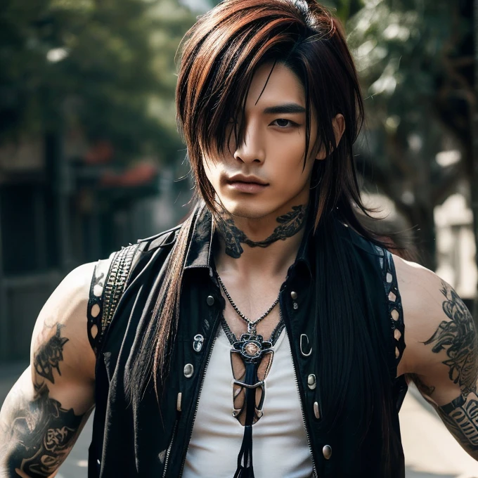 1 man, male, Japanese man, Visual Kai hairstyle, ultra detailed face and body, hyperrealistic, realistic representation, muscular, broad shoulders, tattoos gothic style, piercings, Visual Kei style, hairstyle Visual Kei, blond, long hair, 30 years old, age 30, outfit gothic streampunk, men's shirt and black pants, Asian eyes, eyes Asian, long hair, long hair