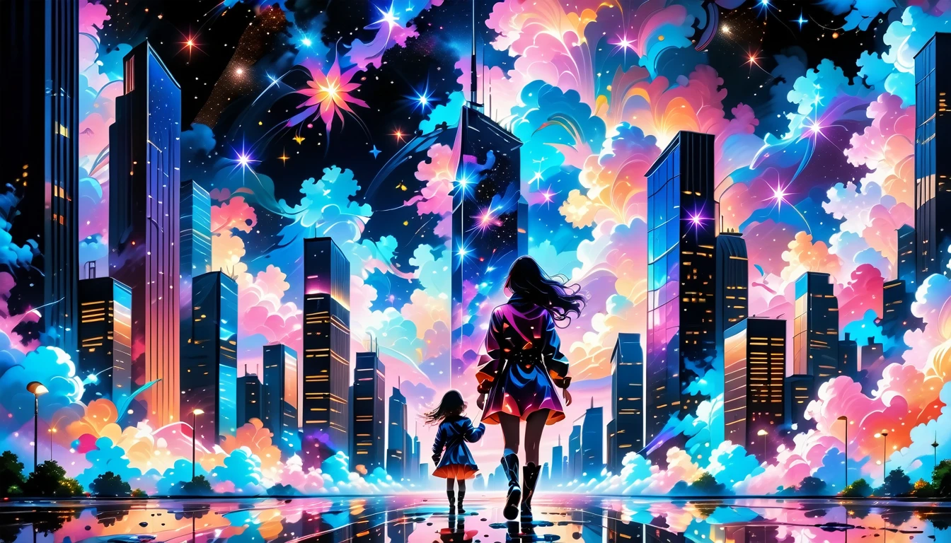 A Masterpiece In 32K Resolution: Supreme Quality, Super Detail, Official Art, Very High-Resolution 32K Wallpaper, Beautiful And Aesthetic, Ultra-Detailed Features, Awe-Inspiring Detail. A Girl Stand Far Away, A Vibrant, Surreal Night Sky. The Scene Is Amazing, Set In The Heart Of A City. Towering Skyscrapers Seem Small In Comparison To The Cosmic Wonders Above. The Sky Is Painted With Colorful Nebulae And Shooting Stars, Turning The Clouds Into A Kaleidoscope Of Colors. Below, The City's Bright Lights Reflect In The Puddles On The Ground, Adding To The Dreamlike Atmosphere Of The Moment.