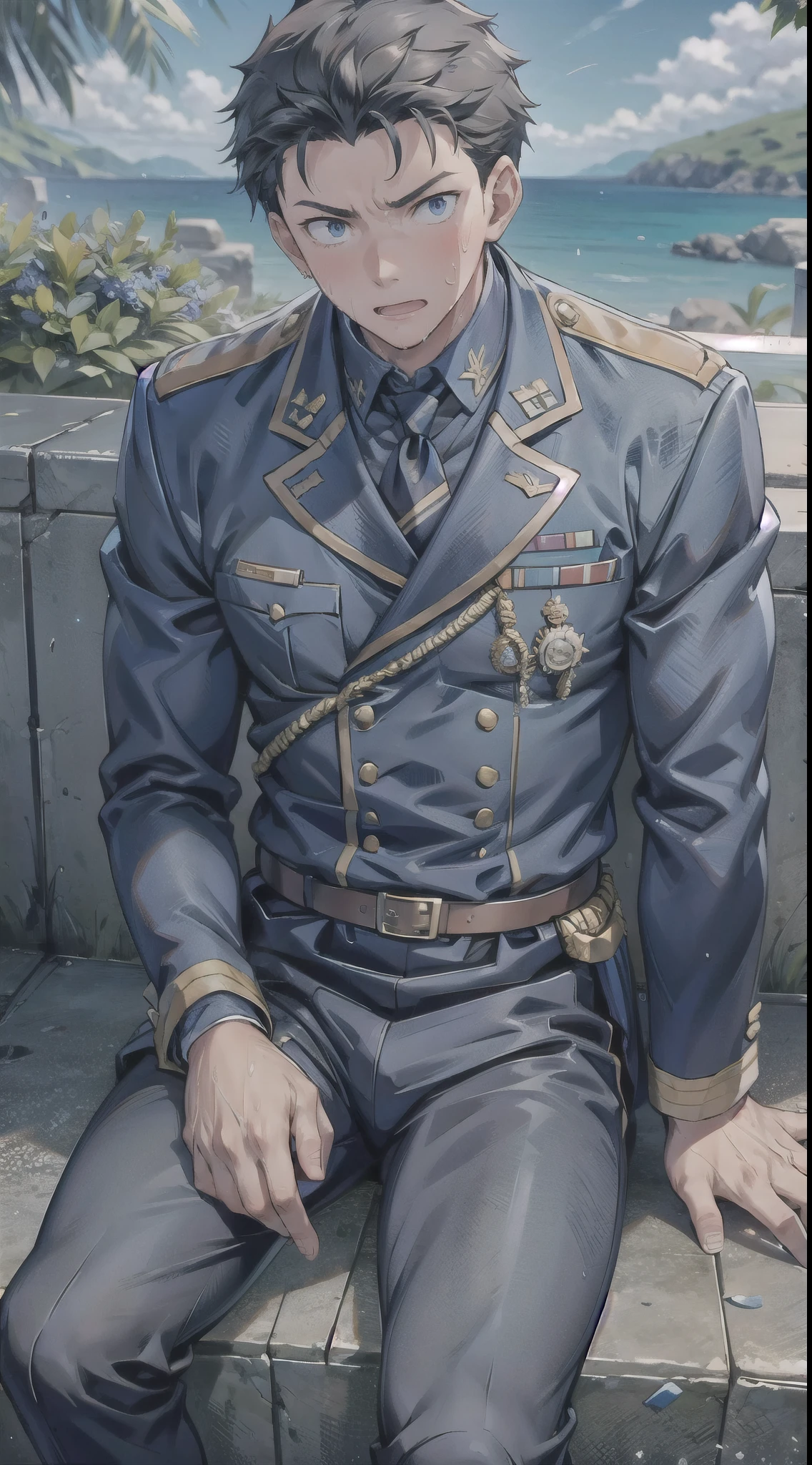 Hector Fay, Ultra high quality cg, solitary, Looking at the audience, Open your mouth, Sweating, Wet, Drooling, Gloves, 1 man,, Male focus, tie，shirt， military uniform，Lie down with your legs open
