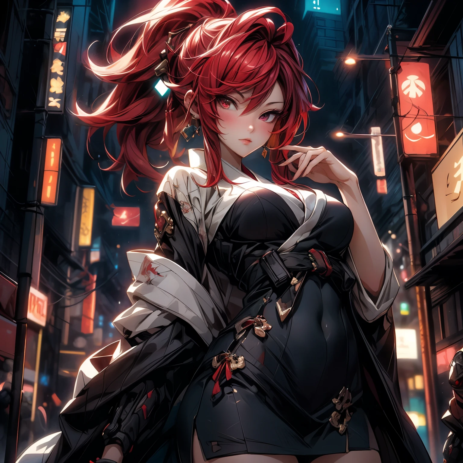 masterpiece, best quality, high quality, detailed, ultra detailed, hyper detailed, ly detailed, exquisite, beautiful, FHD, Full-HD, 4K, 8K, 16K, highres, absurdres, city, woman, warrior, looking at viewer, long hair, red hair, red eyes, tall, glamorous, earrings, in the city, with stardust, at night, cel anime, full body shot, golden ratio, slender, toned, shy, blushing, neutral, hands on hips, bending over, japanese clothes