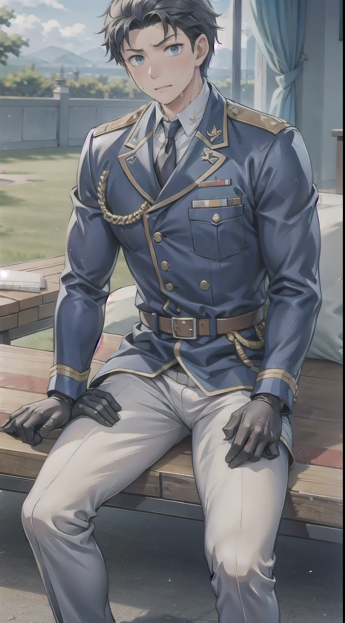 Hector Fay, Ultra high quality cg, solitary, Looking at the audience, Open your mouth, Sweating, Wet, Drooling, Gloves, 1 man,, Male focus, tie，shirt， military uniform，Lie down with your legs open
