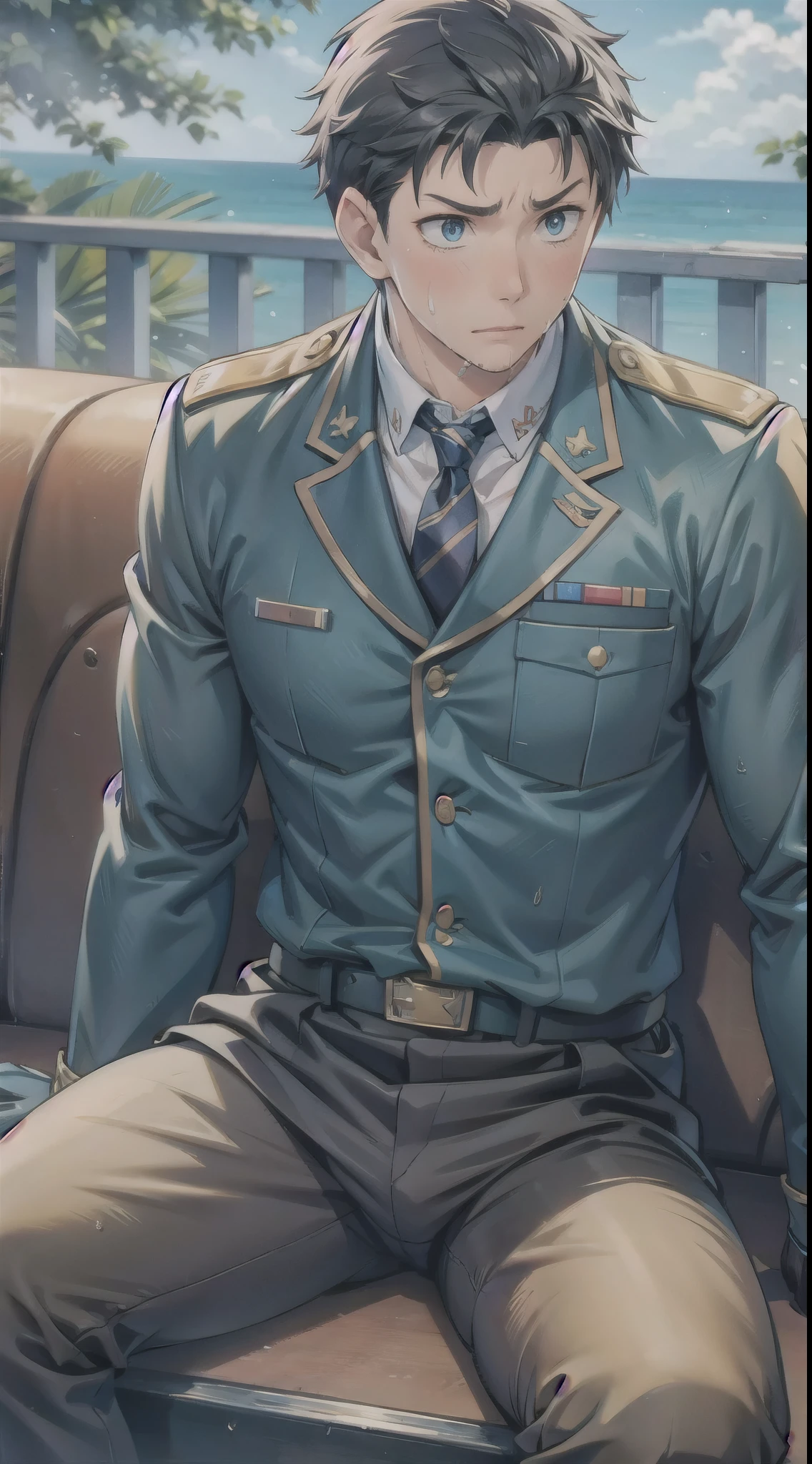 Hector Fay, Ultra high quality cg, solitary, Looking at the audience, Open your mouth, Sweating, Wet, Drooling, Gloves, 1 man,, Male focus, tie，shirt， military uniform，Lie down with your legs open
