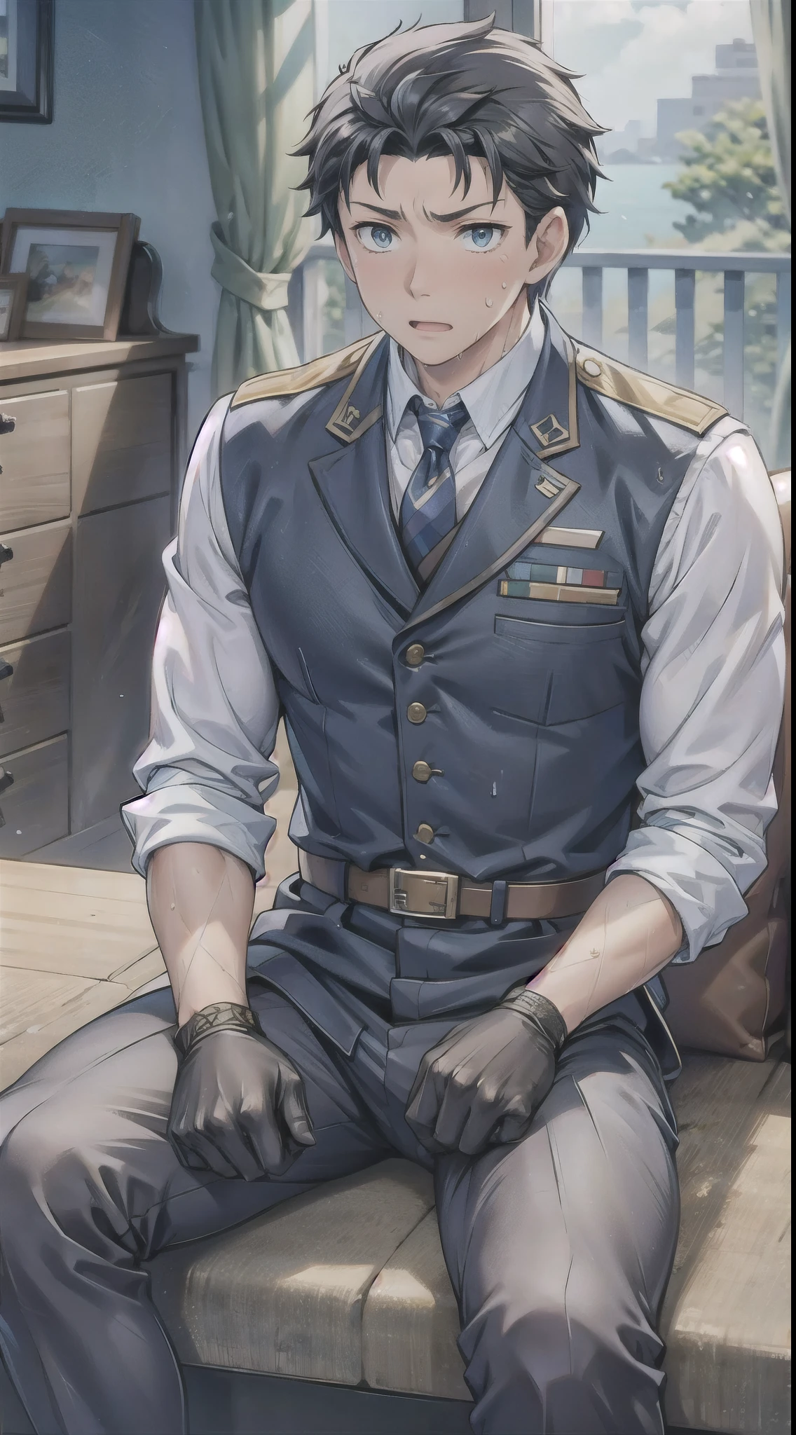 Hector Fay, Ultra high quality cg, solitary, Looking at the audience, Open your mouth, Sweating, Wet, Drooling, Gloves, 1 man,, Male focus, tie，shirt， military uniform，Lie down with your legs open
