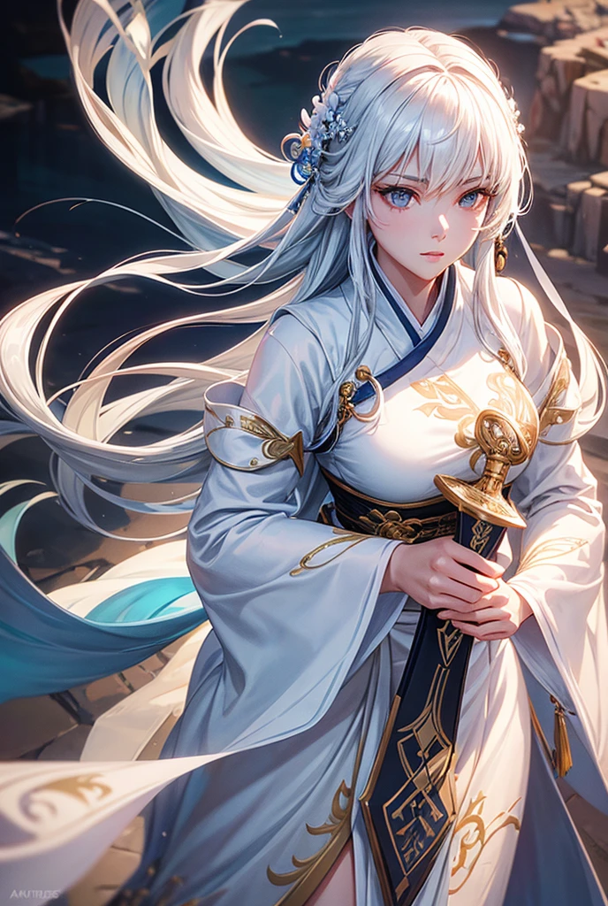 Wall Street、((Tight jeans skirt))、White T-shirt、High high heels、Silver shorthair、de pele branca、middlebreast、Blue eyes、Hailing a taxi、Cup coffee in one hand、On the sidewalk