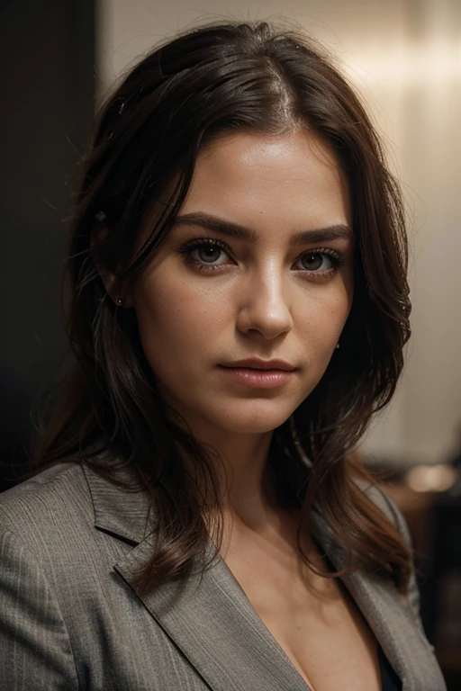 pretty woman, at office, working, looking annoyed, beautiful detailed eyes, beautiful detailed lips, extremely detailed eyes and face, long eyelashes, business attire, sitting at desk, looking stressed, professional, photorealistic, 8k, high quality, cinematic lighting, warm tones, detailed background