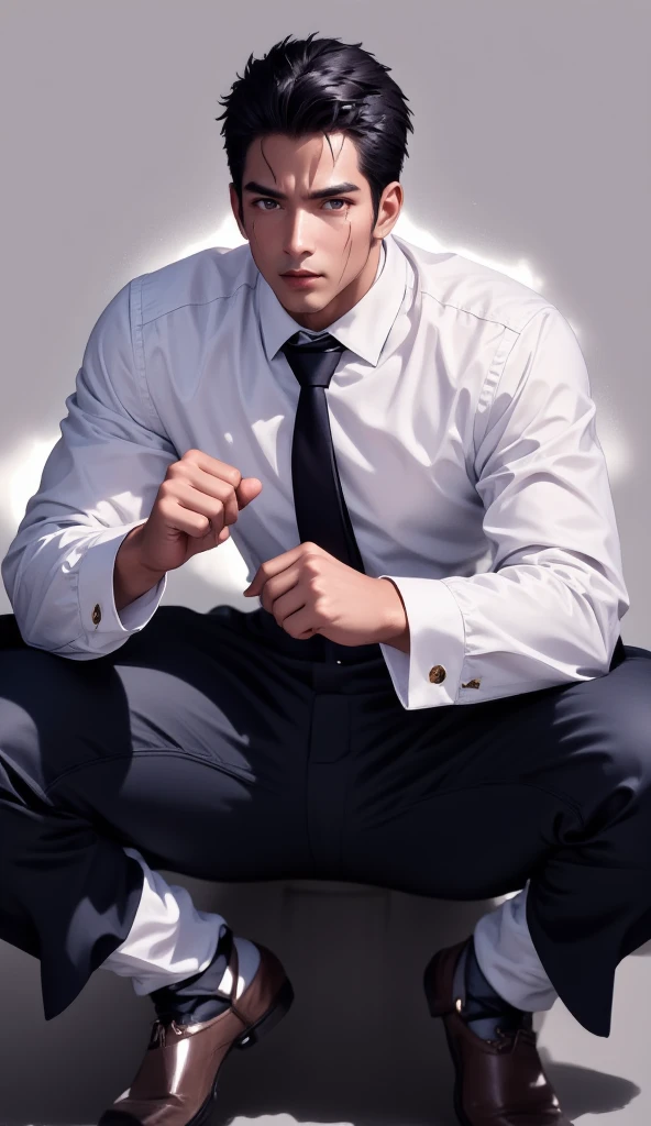 Hector Fay, Ultra high quality cg, solitary, Looking at the audience, Open your mouth, Sweating, Wet, Drooling,, 1 man,（Wear a white shirt）,tie，Fighting Stance， Male focus,belt，trousers，leather shoes，Open your legs，Sitting astride