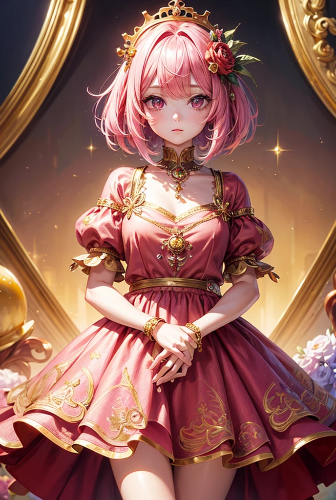 a beautiful woman with short pink hair, wearing a crown, a black and gold dress, angel wings, smiling and glowing, a queen, ultra-detailed, (best quality,8k,highres,masterpiece:1.2),extremely detailed face and eyes, beautiful detailed lips, longeyelashes, elegant pose, dramatic lighting, cinematic, fantasy, intricate details, rich colors, warm lighting, photorealistic, award-winning digital art
