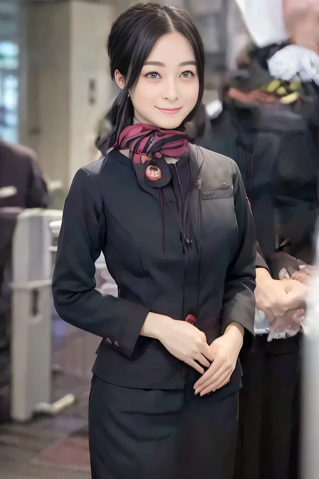 (masterpiece:1.2, Best Quality:1.2), 32K HDR, High resolution, (Alone、1 girl)、（JAL cabin crew uniform realistic style）、 (At the airport counter, Professional Lighting)、A proper woman, Beautiful Face,、（黒のJAL cabincrew uniform）、（Long sleeve JAL cabin crew uniform）、（Scarf around the neck）、Big Breasts、（Long hair upstyle、bread）、Dark Brown Hair、Long Hit、（（：2.0））、（（A harmonious body shape：1.5））、（（Normal limbs：2.0））、（（Normal finger：2.0））、（（Delicate eyes：2.0））、（（Normal eyes：2.0））)、Beautiful position、smile、Hands clasped underneath