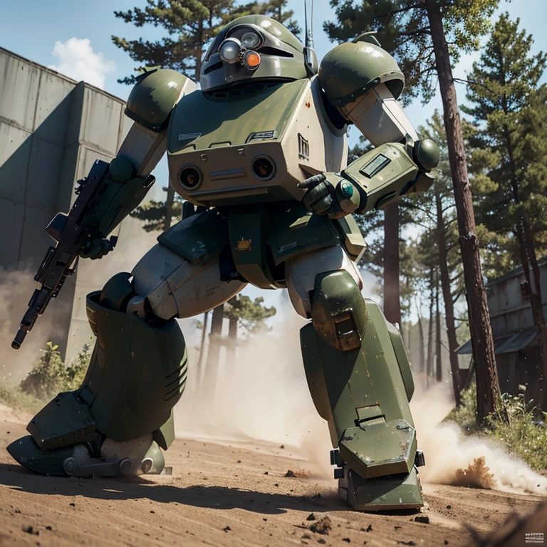 Best Quality, masterpiece, Very detailed, Armor_Trooper, Ultra Detail Bottoms, robot, Mecha, SF, Realistic, No humans, arms, mechanical, forest, Dirt Track, explosionアートスタイル, , explosion, inflammation, Abandoned Factory ,Machine gun, Digital Camouflage 