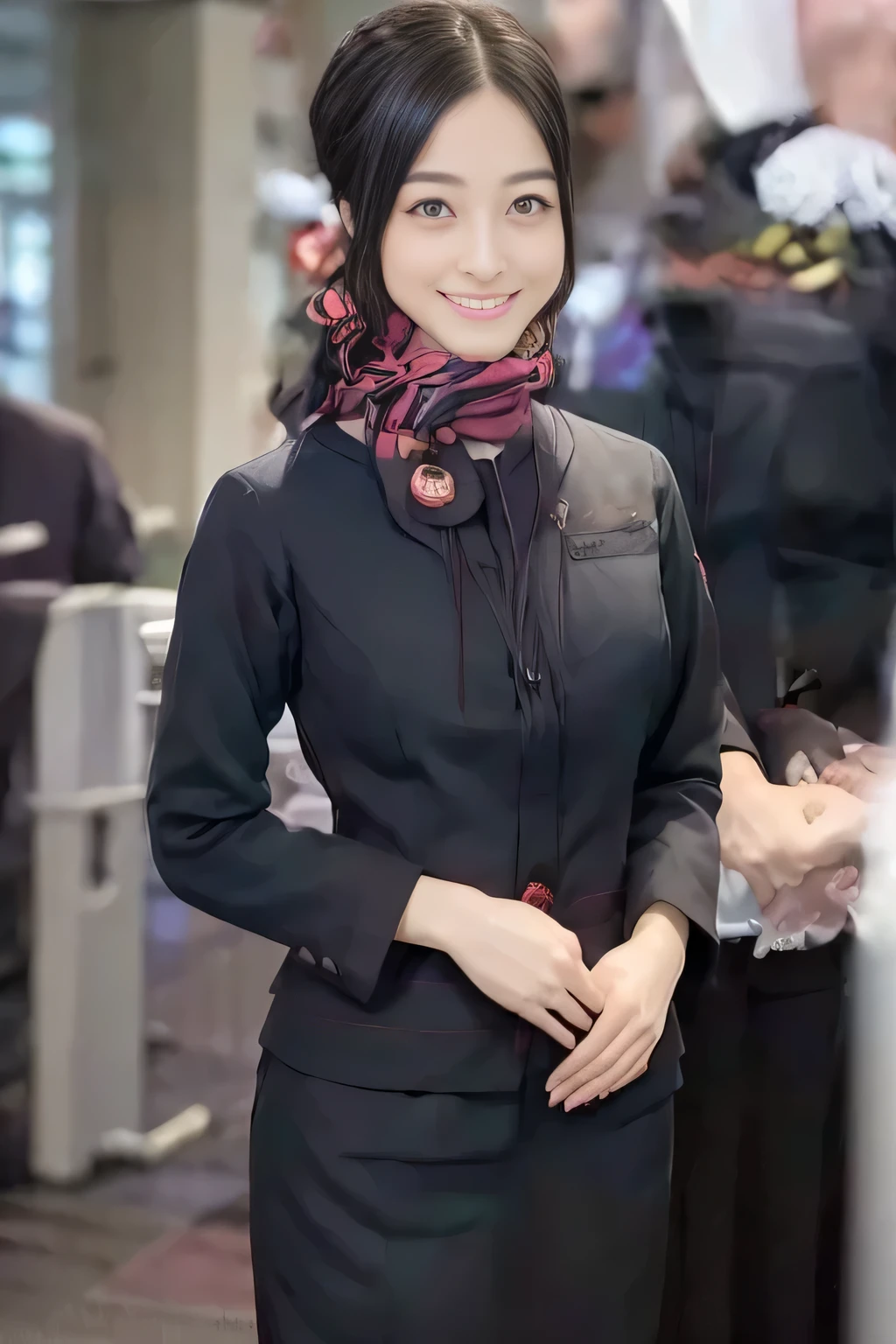 (masterpiece:1.2, Best Quality:1.2), 32K HDR, High resolution, (Alone、1 girl)、(JAL cabin crew uniform realistic style)、 (At the airport counter, Professional Lighting)、A proper woman, Beautiful Face,、(黒のJAL cabincrew uniform)、(Long sleeve JAL cabin crew uniform)、(Scarf around the neck)、Big Breasts、(Long hair upstyle、bread)、Dark Brown Hair、Long Hit、((:2.0))、((A harmonious body shape:1.5))、((Normal limbs:2.0))、((Normal finger:2.0))、((Delicate eyes:2.0))、((Normal eyes:2.0)))、Beautiful position、smile、Hands clasped underneath