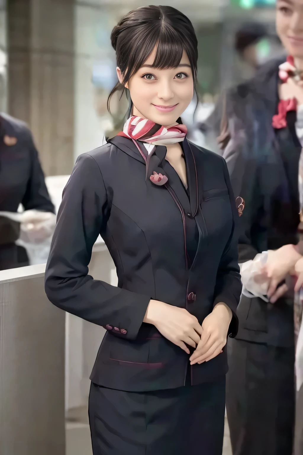 (masterpiece:1.2, Best Quality:1.2), 32K HDR, High resolution, (Alone、1 girl)、（JAL cabin crew uniform realistic style）、 (At the airport counter, Professional Lighting)、A proper woman, Beautiful Face,、（黒のJAL cabincrew uniform）、（Long sleeve JAL cabin crew uniform）、（Scarf around the neck）、Big Breasts、（Long hair upstyle、bread）、Dark Brown Hair、Long Hit、（（：2.0））、（（A harmonious body shape：1.5））、（（Normal limbs：2.0））、（（Normal finger：2.0））、（（Delicate eyes：2.0））、（（Normal eyes：2.0））)、Beautiful position、smile、Hands clasped underneath