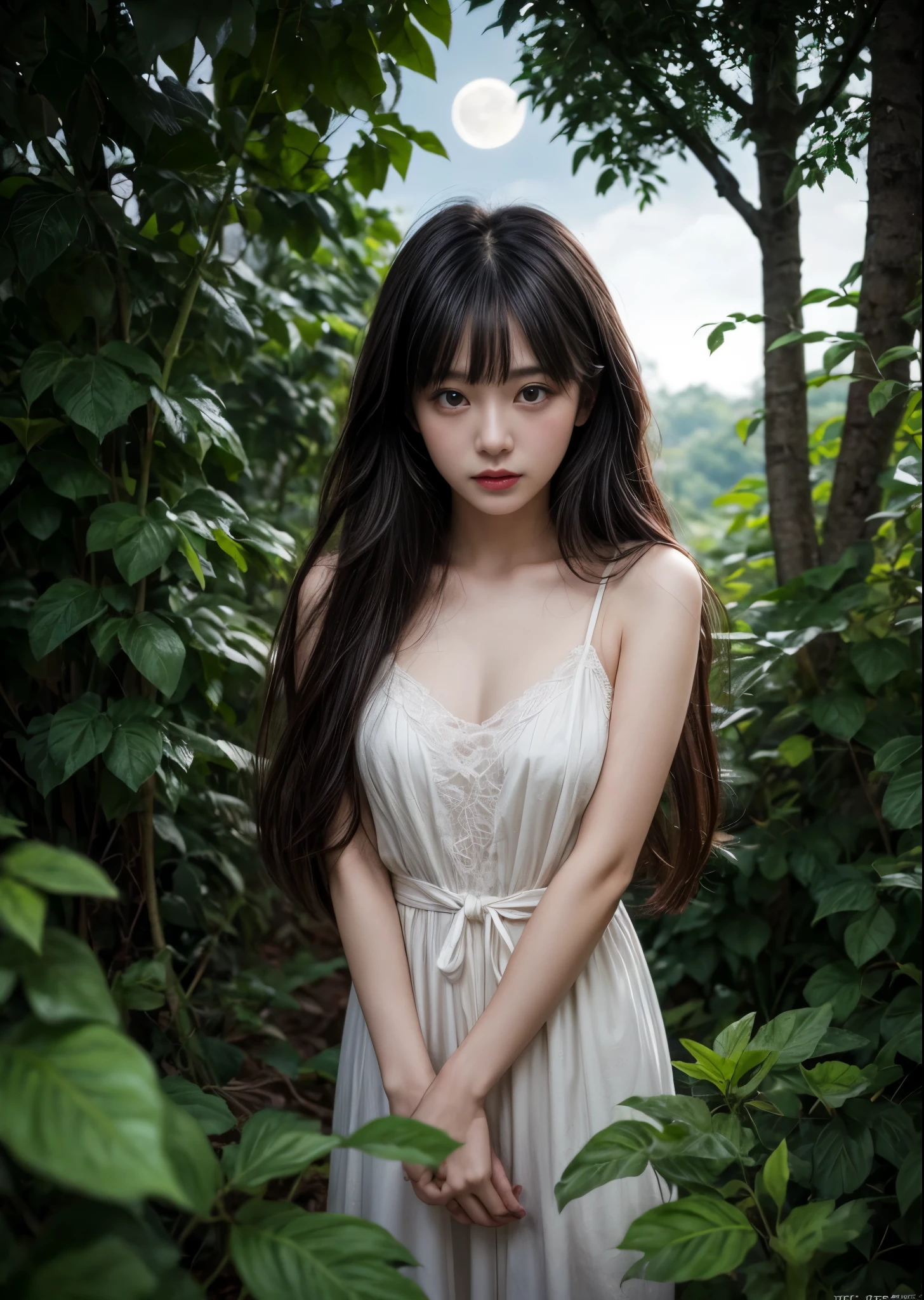 1 Female、、Long hair with bangs、Standing in a heart-shaped hole in the ivy leaves wrapped around a thick tree、Cute girl、In the forest、Pale Moon Night、The moon is half hidden by the clouds、Fantastic、High color reproducibility、Attention to detail、、Fascinating、Cinematic lighting、Focus on faces、