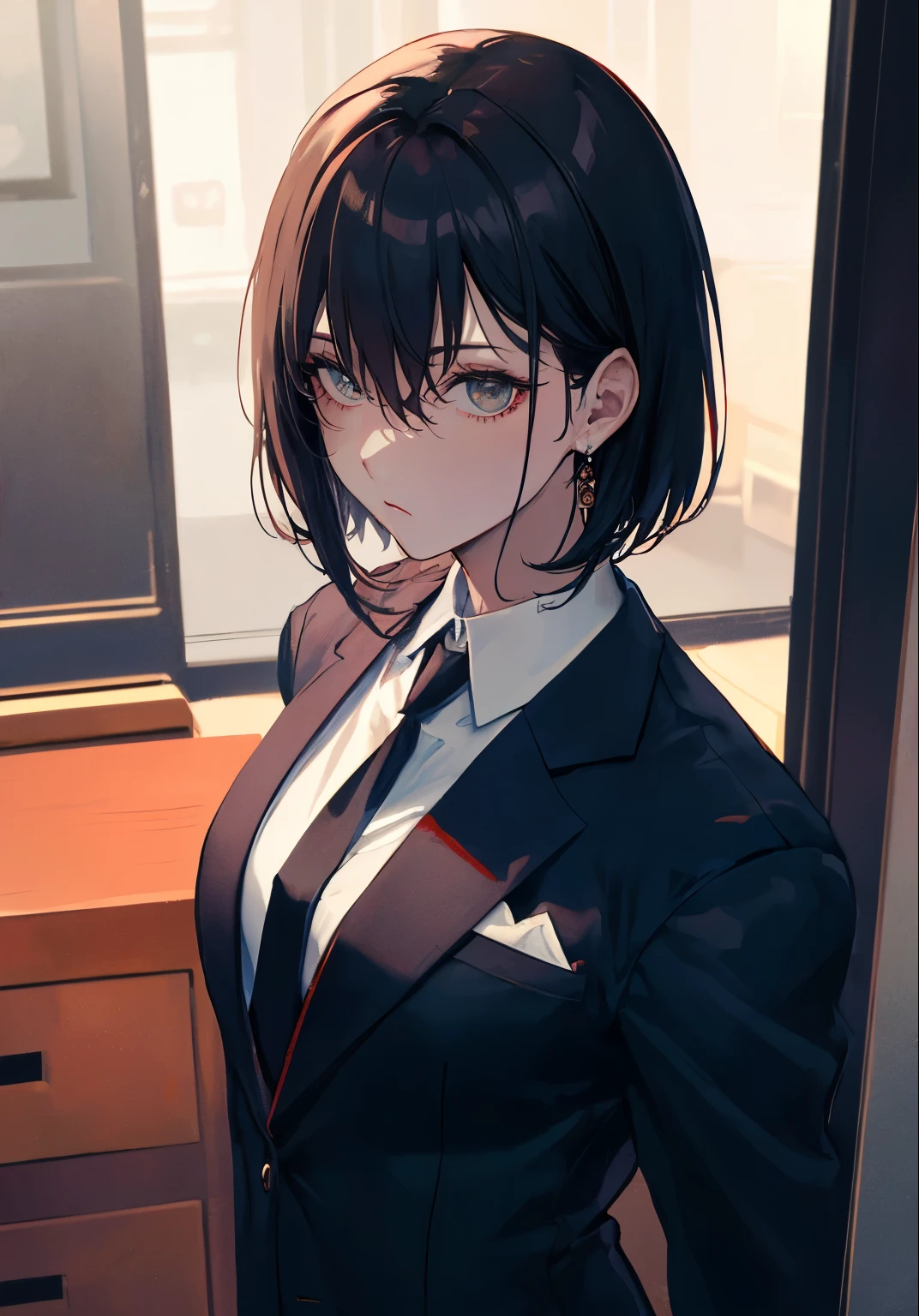 Anime style, a female mafia boss, a woman with short black hair, wearing a black suit jacket, formal trousers, and a neatly tied necktie, glaring intensely with a sharp and piercing gaze, dark brown eyes, standing confidently, only the upper body shown in a close-up, dominant and imposing figure, stern and intimidating, (70s noir film style, dim lighting, smoky room, vintage furniture, (highly detailed and polished art style)), with minimal emphasis on lips