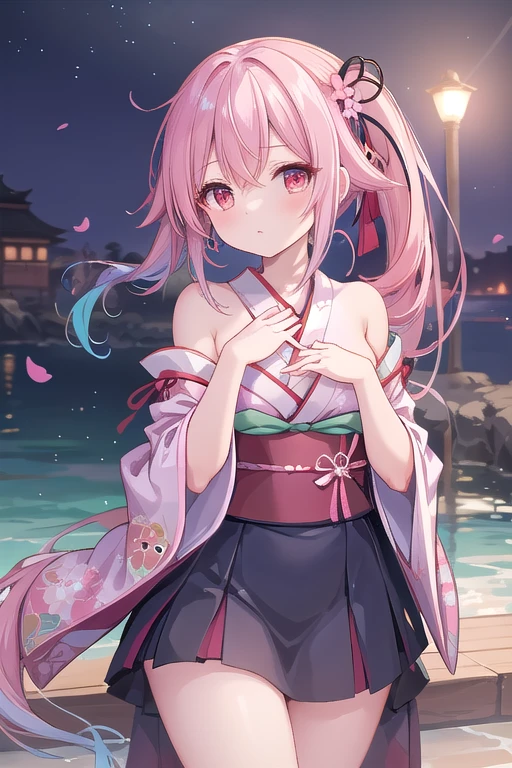 Beautiful illustrations、kimono, Long-sleeved kimono, Bare shoulders,(masterpiece、Best Quality、8k ), (Beautiful details), Detailed face, perfect lighting, Extremely detailed CG, (Perfect hands, perfect anatomy),  One Girl, Harusame、Side Ponytail, Pink Hair, Red eyes、Shining Eyes、Blue Hair, Gradient Hair, hair ornament, Thighs、A pose that attracts men、