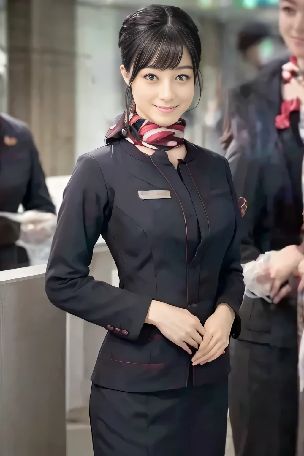 (masterpiece:1.2, Best Quality:1.2), 32K HDR, High resolution, (Alone、1 girl)、(JAL cabin crew uniform realistic style)、 (At the airport counter, Professional Lighting)、A proper woman, Beautiful Face,、(黒のJAL cabincrew uniform)、(Long sleeve JAL cabin crew uniform)、(Scarf around the neck)、Big Breasts、(Long hair upstyle、bread)、Dark Brown Hair、Long Hit、((:2.0))、((A harmonious body shape:1.5))、((Normal limbs:2.0))、((Normal finger:2.0))、((Delicate eyes:2.0))、((Normal eyes:2.0)))、Beautiful position、smile、Hands clasped underneath