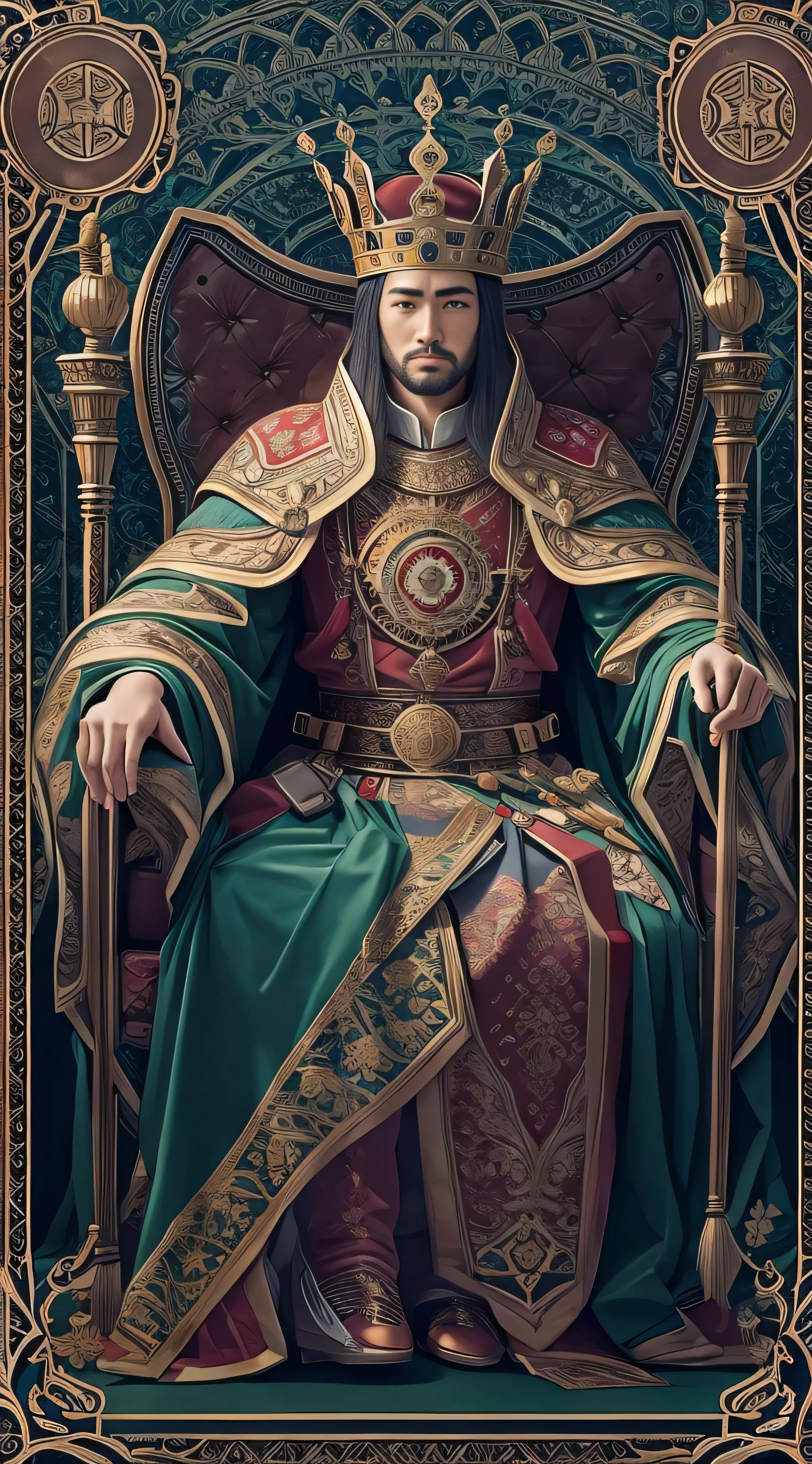 (masterpiece, masterpiece), Tarot card, card, (Delicate facial expressions), The Male Emperor, Crown, sword, Sitting on the throne, Serious expression, 8k, Intricate details, (Digital artwork)