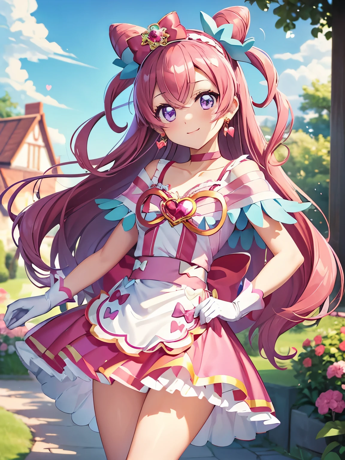 (16k,Ultra-high resolution,Best Quality,masterpiece,Very detailed,Extremely clear CG),Perfect Eyes,Very detailed顔の特徴, Beautiful and perfect face,Anatomically correct body,、CurePrecious, long hair, white gloves, pink hair, bow, jewelry, earrings, cone hair bun, hair bow, purple eyes, red bow,shiny hair, hair band, collarbone, magical girl, heart brooch, dress, pink choker, short dress, skirt, white apron, two side up, brooch, miniskirt,standing sexy posing,Daytime blue sky,garden