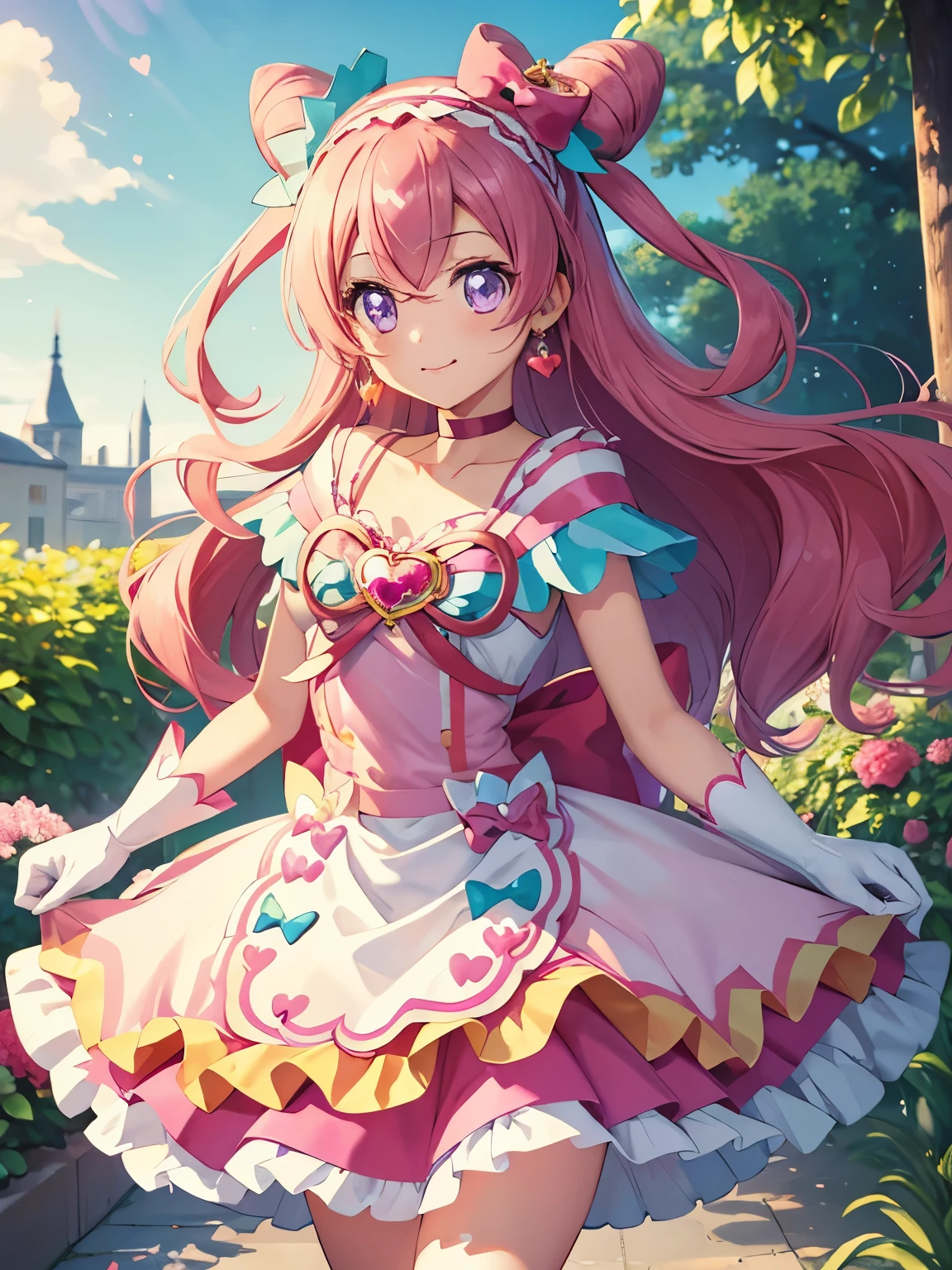 (16k,Ultra-high resolution,Best Quality,masterpiece,Very detailed,Extremely clear CG),Perfect Eyes,Very detailed顔の特徴, Beautiful and perfect face,Anatomically correct body,、CurePrecious, long hair, white gloves, pink hair, bow, jewelry, earrings, cone hair bun, hair bow, purple eyes, red bow,shiny hair, hair band, collarbone, magical girl, heart brooch, dress, pink choker, short dress, skirt, white apron, two side up, brooch, miniskirt,standing sexy posing,Daytime blue sky,garden