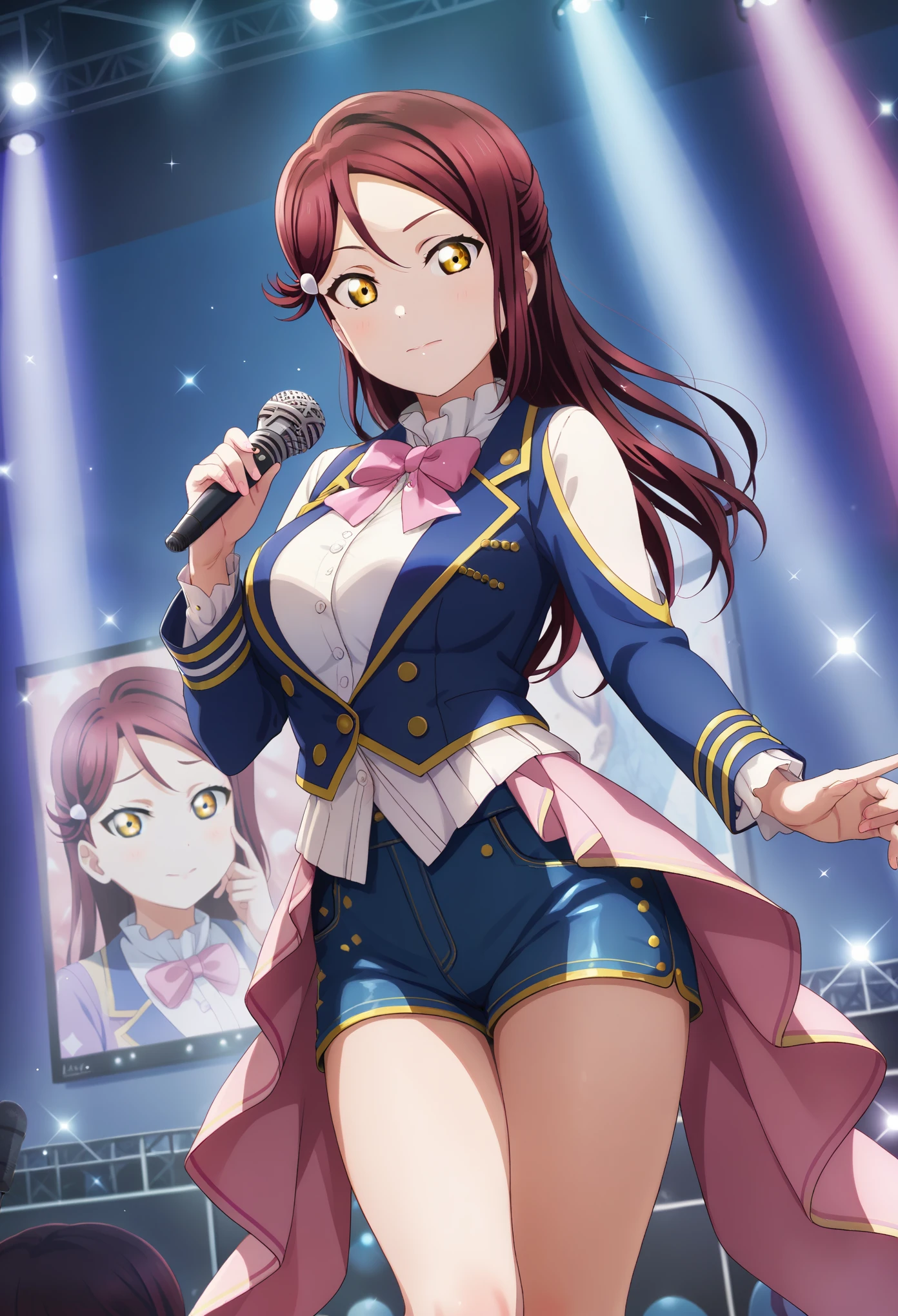 masterpiece, best quality, realistic anime art, front light, large breasts ,dark red hair ,yellow eyes , sakurauchi riko love live ,blue shiny top,long sleeved, short shorts,Crystal studded,idol, holding microphone,dark red hair , thighs,yellow eyes , sakurauchi riko love live, big breasts,standing , looking at viewer , on stage