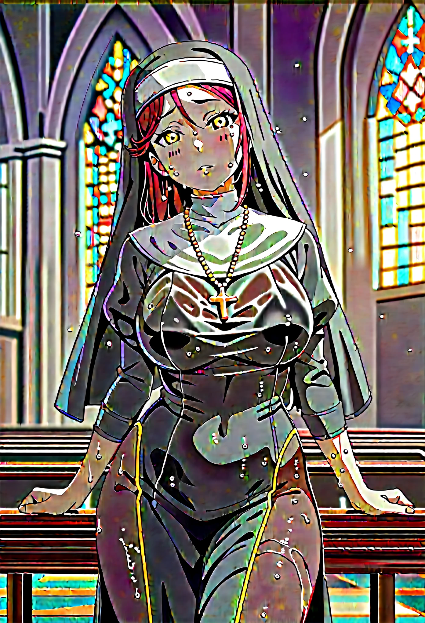 score_9, score_8_up, masterpiece, best quality, ultra-detailed, absurdres resolution, anime, intricate, hires textures, 4k, perfect body, perfect face, cute girl,,freyna, short hair , adult, glowing skin, oiled skin, dripping sweat, deep red eyes, eyelashes, eyeliner, straight hair, hair between eyes, huge breasts:1.4, breasts apart, huge nipples, puffy nipples, narrow waist, thick thighs, curvy, wide hips, gorgeous lips, makeup, dynamic, very blush face, erotic, seductive look, (eye twitch, embarrassed, nun, church, nun outfit, restrained, chained, laying down, necklace), half closed eyes, wet skin,