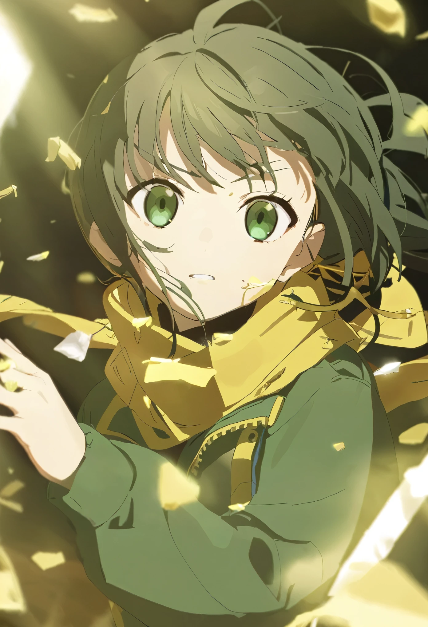 1 Girl，Brown side ponytail，Green eyes，Gold scarf，Dark green windbreaker，Flowing hairm，Scattered fragments，Movie Lighting