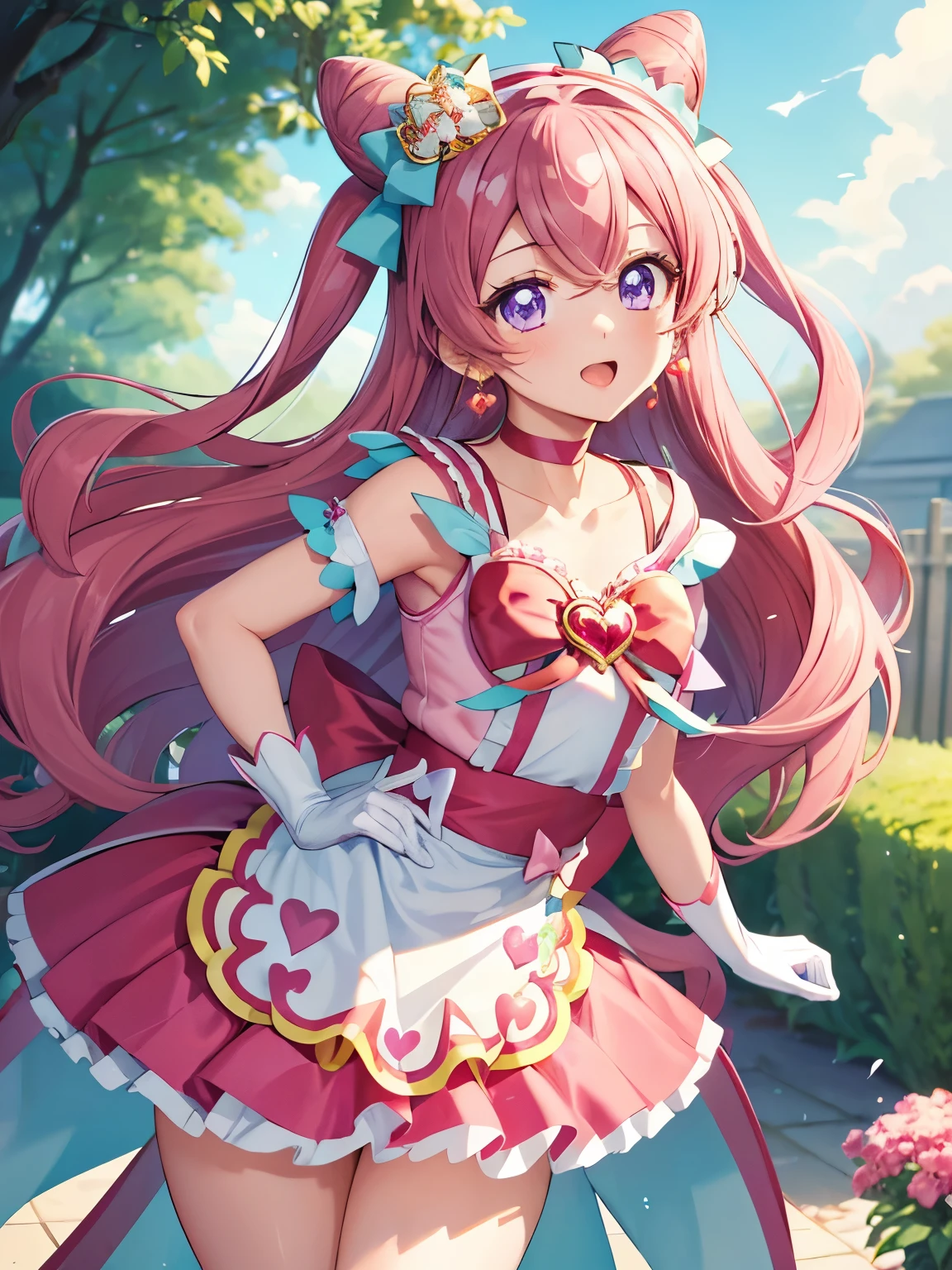 (16k,Ultra-high resolution,Best Quality,masterpiece,Very detailed,Extremely clear CG),Perfect Eyes,Very detailed顔の特徴, Beautiful and perfect face,Anatomically correct body,、CurePrecious, long hair, white gloves, pink hair, bow, jewelry, earrings, cone hair bun, hair bow, purple eyes, red bow,shiny hair, hair band, collarbone, magical girl, heart brooch, dress, pink choker, short dress, skirt, white apron, two side up, brooch, miniskirt,standing sexy posing,Daytime blue sky,garden