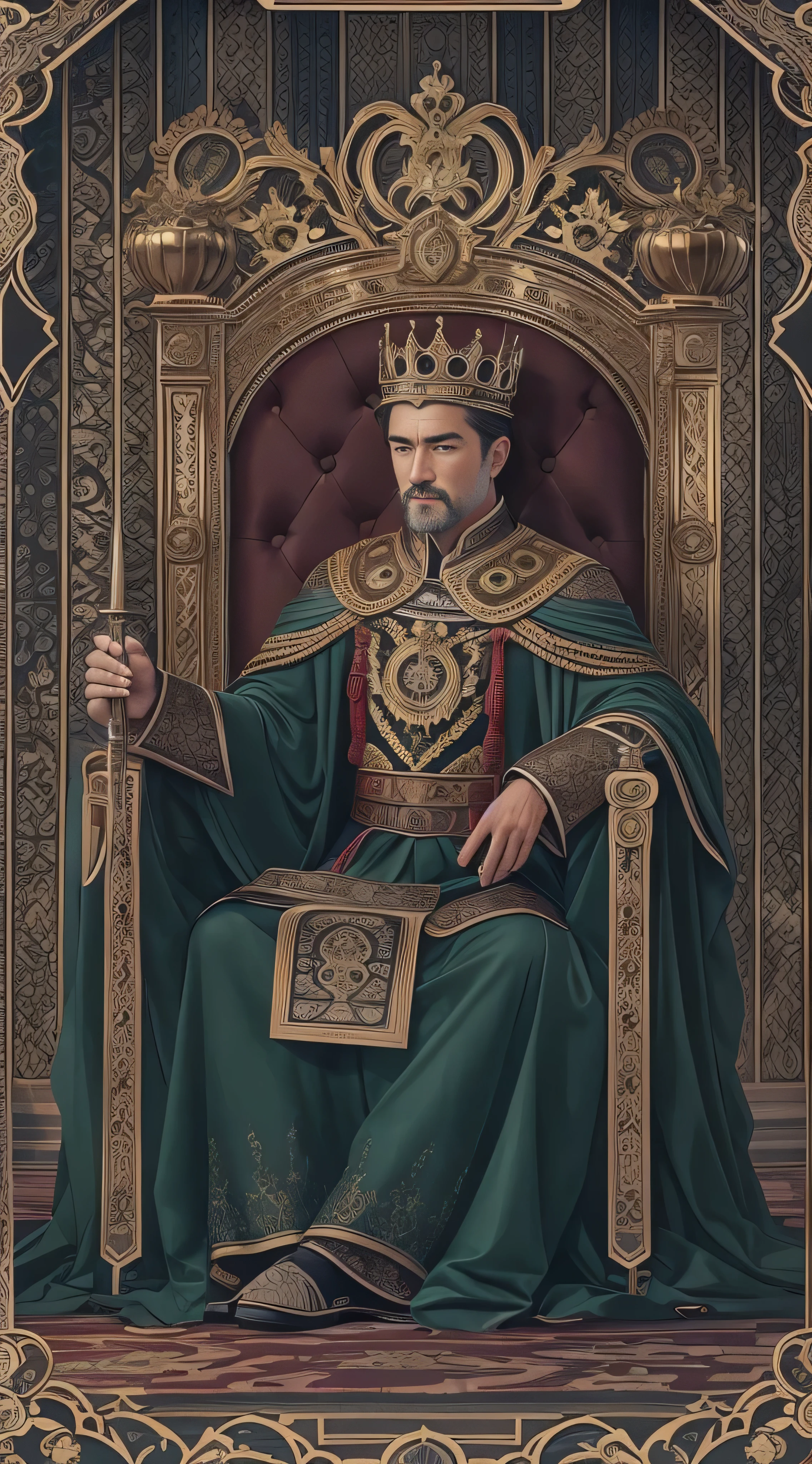 (masterpiece, masterpiece), Tarot card, card, (Delicate facial expressions), The Male Emperor, Crown, sword, Sitting on the throne, Serious expression, 8k, Intricate details, (Digital artwork)