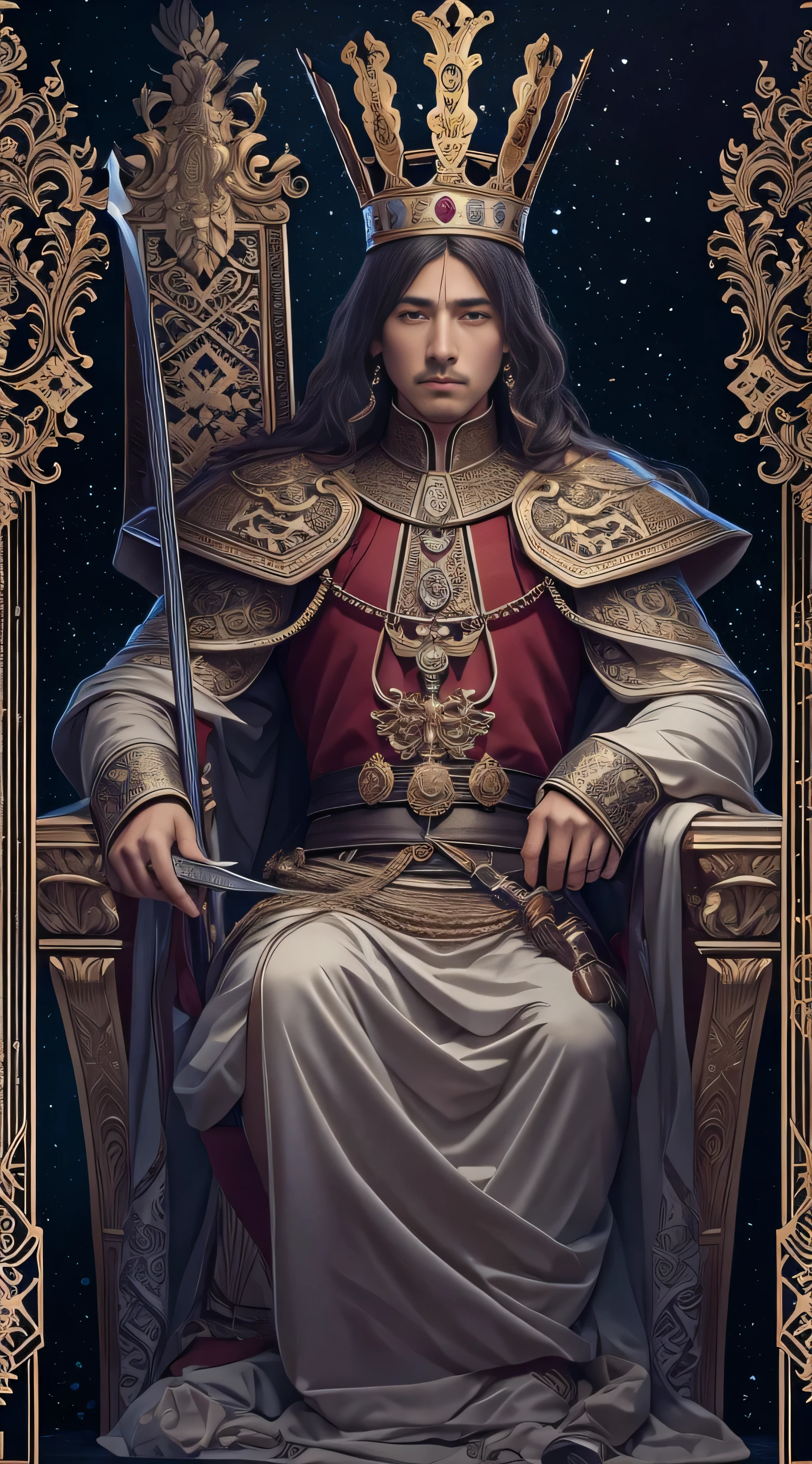 (masterpiece, masterpiece), Tarot card, card, (Delicate facial expressions), The Male Emperor, Crown, sword, Sitting on the throne, Serious expression, 8k, Intricate details, (Digital artwork)