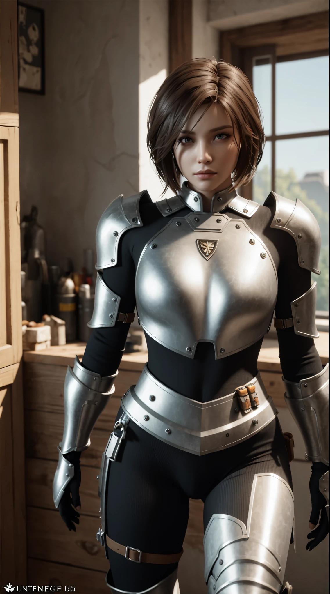 ((Unreal Engine 5)), Realistic portrayal, Excellent, Full Armor, Knight's Cloak, rudder, (Yoga Hot Pants), Looking at the camera, standing on studio, Beautiful Face, compensate, CGImix, (Photorealism:1.2), 超Realistic uhd の顔, (Huge fake breasts:1.4), (Big Breasts:1.1), (Muscle Abs), (Thick Ass), (Wide Hips), (Thick thighs), Slim waist, Hourglass Shape, half body, ((Glowing Skin)), ((Shiny skin)), Realistic body, ((She has a sexy body)), ((Beautiful Skin)), Realistic, Bokeh, Motion Blur, masterpiece, High resolution, 1080P, Super detailed, Textured skin.