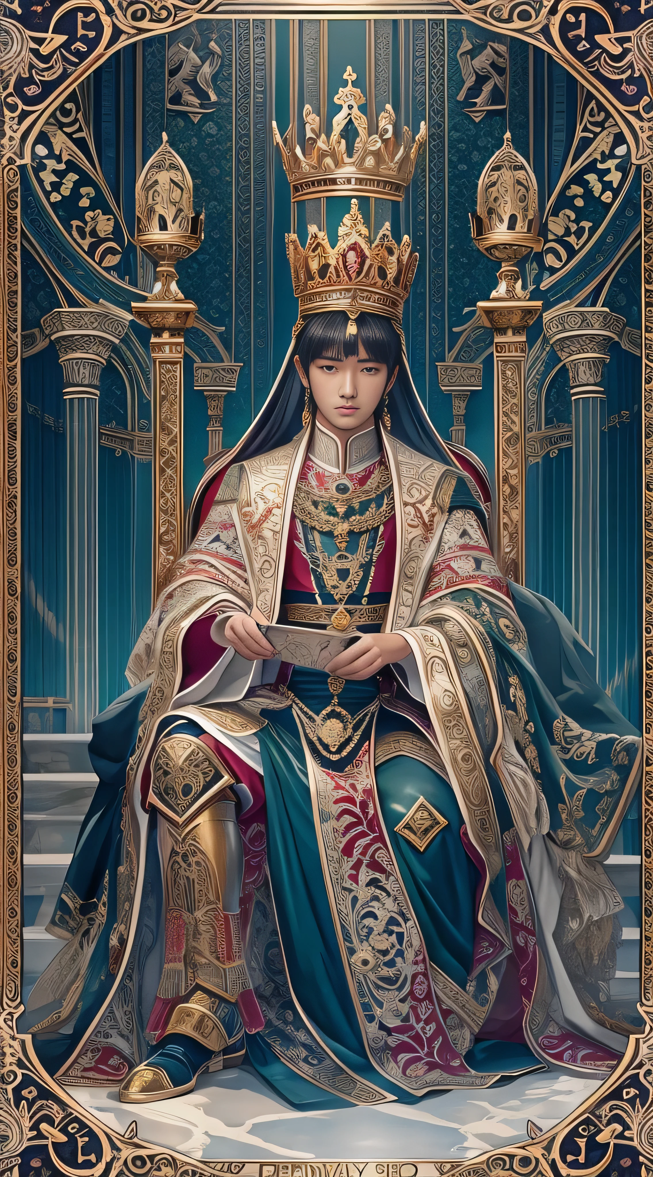 (masterpiece, masterpiece), Tarot card, card, (Delicate facial expressions), The Male Emperor, Crown, sword, Sitting on the throne, Serious expression, 8k, Intricate details, (Digital artwork)