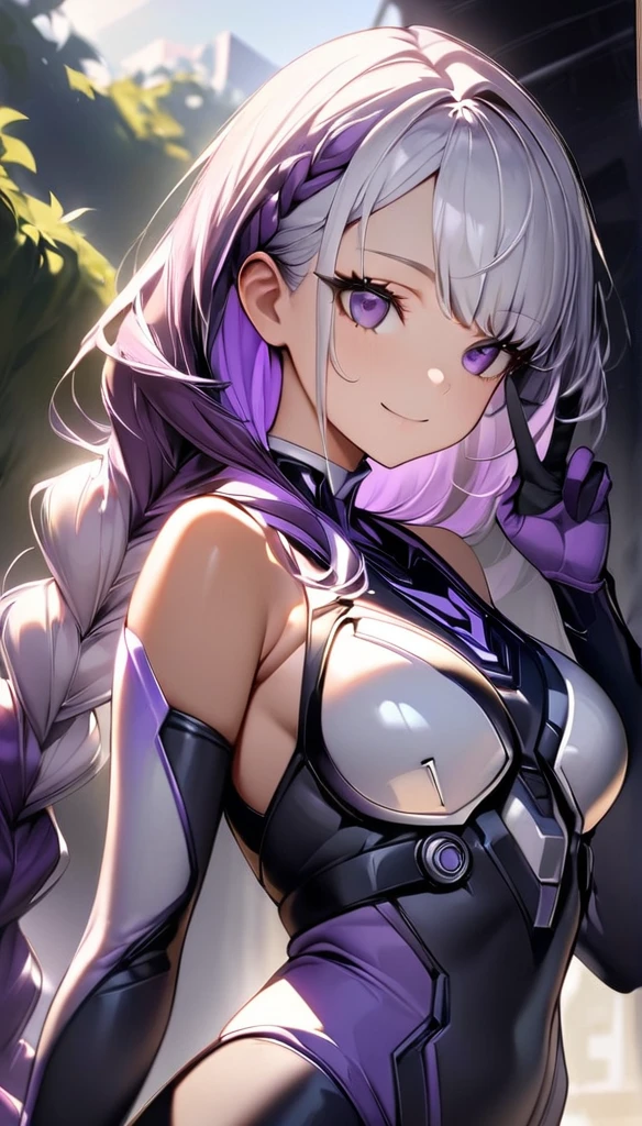 (highest quality:1.2, Very detailed, High Detail, High Contrast, masterpiece:1.2, highest quality, Best aesthetics), 1 Female, Cyber Suit, Separated sleeves, Bare shoulders, ((White Hair:1.4, Purple bicolor hair, Braided long hair, White and purple hair accessories:1.2, Dark purple bangs:1.1, Asymmetrical bangs)), Purple Eyes, Double eyelids, Detailed face, Loose braid, smile:1.2, Indifference, kind, Front view, turn around, 肩ごしのsmile, (((Backwards, V sign:1.2))), A park filled with greenery, squirt:1.2, White cloud, Wide-angle lens.