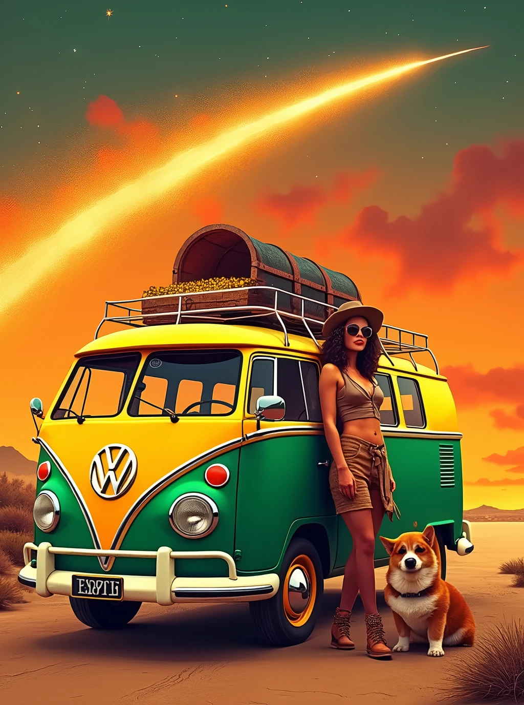 Vw Van Rasta There is a woman and a dog standing next to a van - SeaArt AI