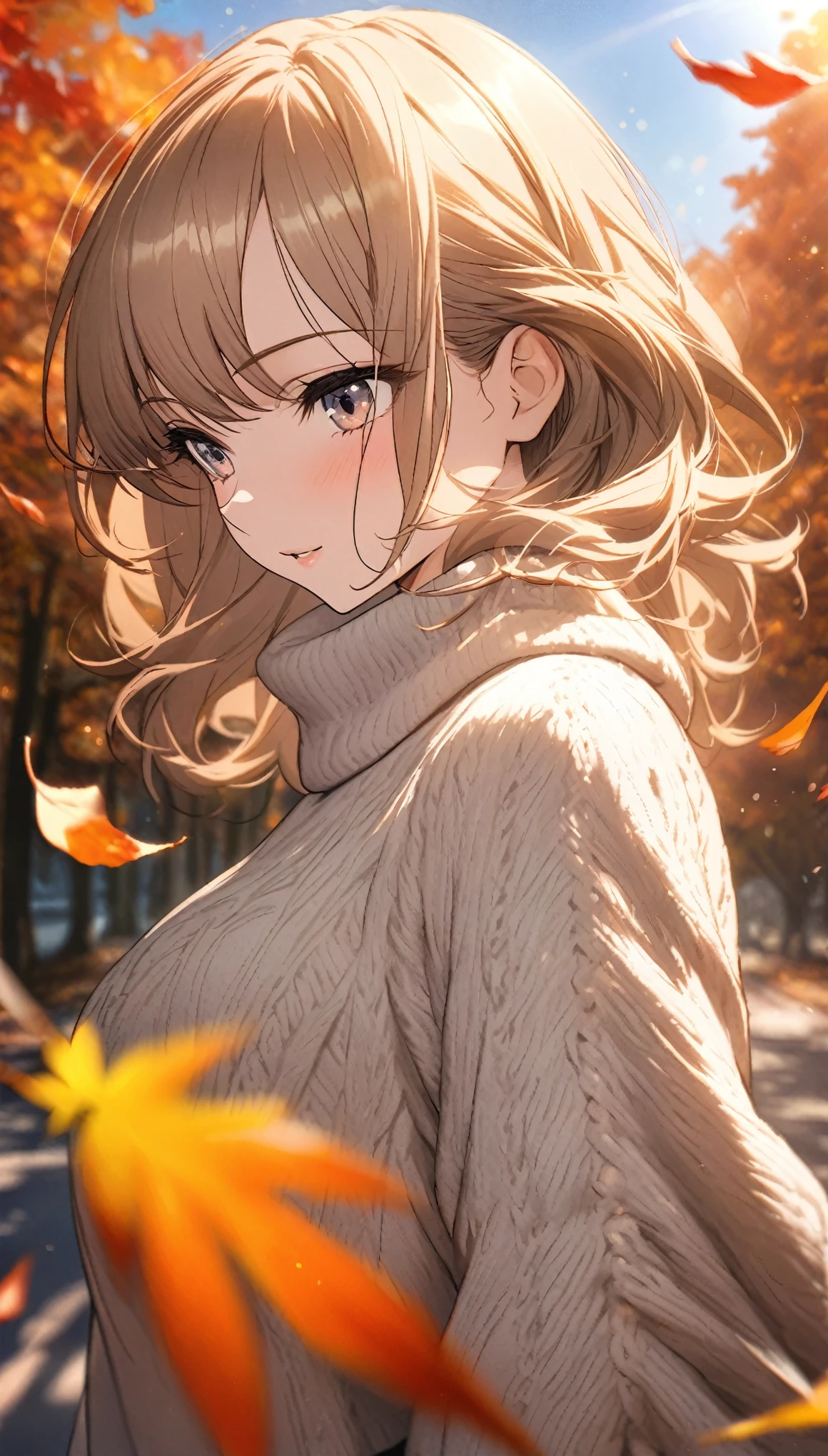Highest quality, Great quality, 16K, Unbelievably absurd, Very detailed, delicate and dynamic, Natural light, The particles reflect light, Diffuse reflection of light, Many autumn-colored leaves fall, Beautiful park scenery, Golden hour sunlight, Diffuse reflection of light, Create amazing image effects, , Cozy, warm, Close-up(Stylish woman, oversized knit sweater, Thoughtful expression, Chic girl, Sophisticated, elegance, Dynamic, Trendy layered outfit, fallen leaves, crisp autumn air)