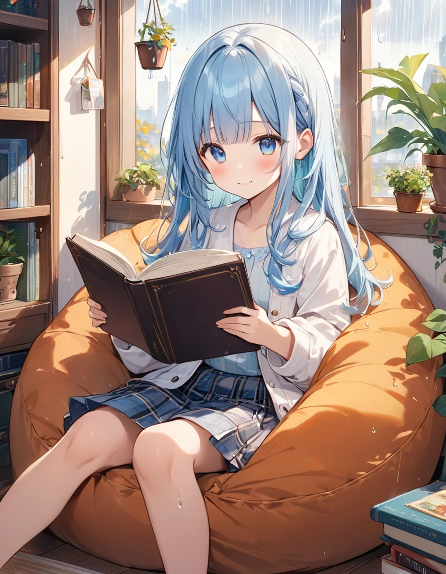 asterpiece, best quality, extremely detailed, (illustration, official art:1.1), 1 girl ,(((( light blue hair)))), ,(((( light blue long hair)))),light blue hair, ,((blush)) , cute face, big eyes, masterpiece, best quality,(((((a very delicate and beautiful girl))))),Amazing,beautiful detailed eyes,blunt bangs((((little delicate girl)))),(((tareme))),droopy eyes.(true beautiful:1.2), sense of depth,dynamic angle,,,, affectionate smile, (true beautiful:1.2),,(tiny 1girl model:1.2),)(flat chest),((rainy day)), (water on window), (gentle smile:0.9),  cozy apartment with plants, a woman reading a book, cozy bean bag chair, reading a book, detailed face、autumn , beautiful atmosphere, checked skirt, (elegant:1.1),