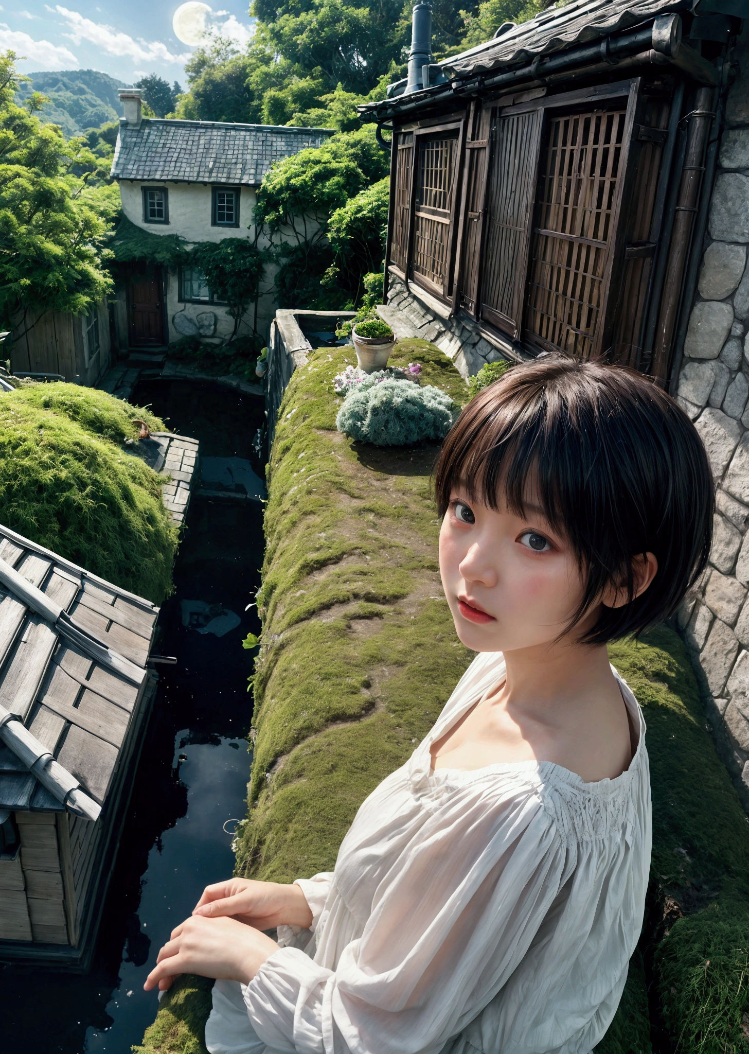 1 Female、、Short hair with bangs、Cute girl、Fairyland、In front of the little man's house、A house with a moss-covered roof and white clay walls、I can see the light from the window、White smoke coming out of the chimney、A stream flows、In the forest、Pale Moon Night、The moon is half hidden by the clouds、Fantastic、High color reproducibility、Attention to detail、、Fascinating、Cinematic lighting、Focus on faces、(The girl is the main character)
