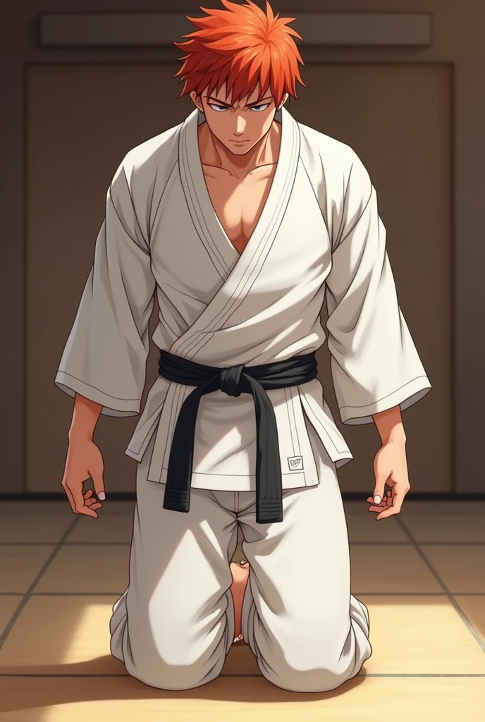 Full size A judoka red haired boy in a long judo uniform in white dress and black belt with cock bulge on his pants in anime style, Bowing in the dojo while almost nude dick