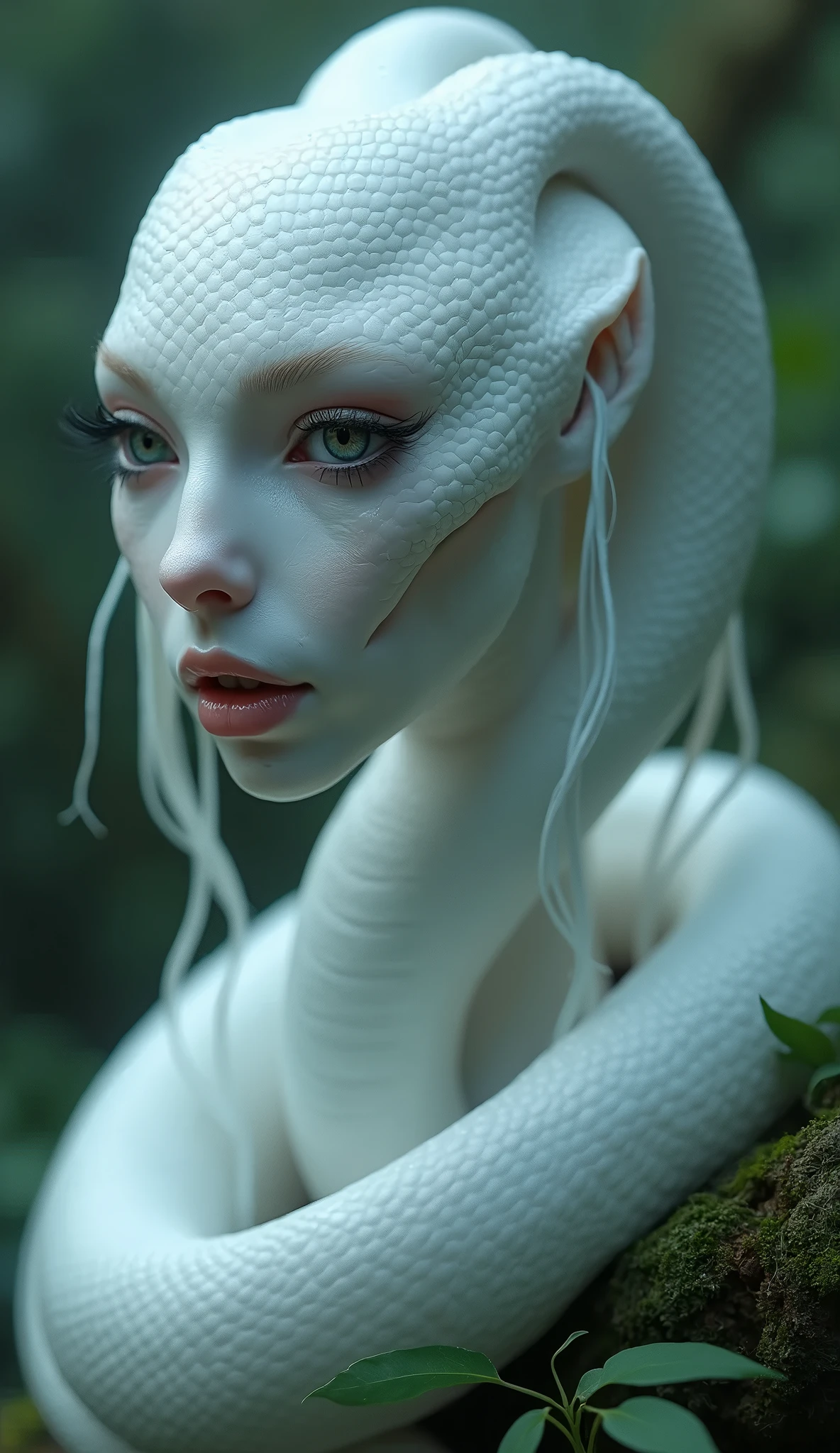 Tiro de medio cuerpo, Hyper-realistic photography in a swamp, Beautiful pale bald model, piel iridiscente, piel que parece vidrio, White albino python body moving in the water,