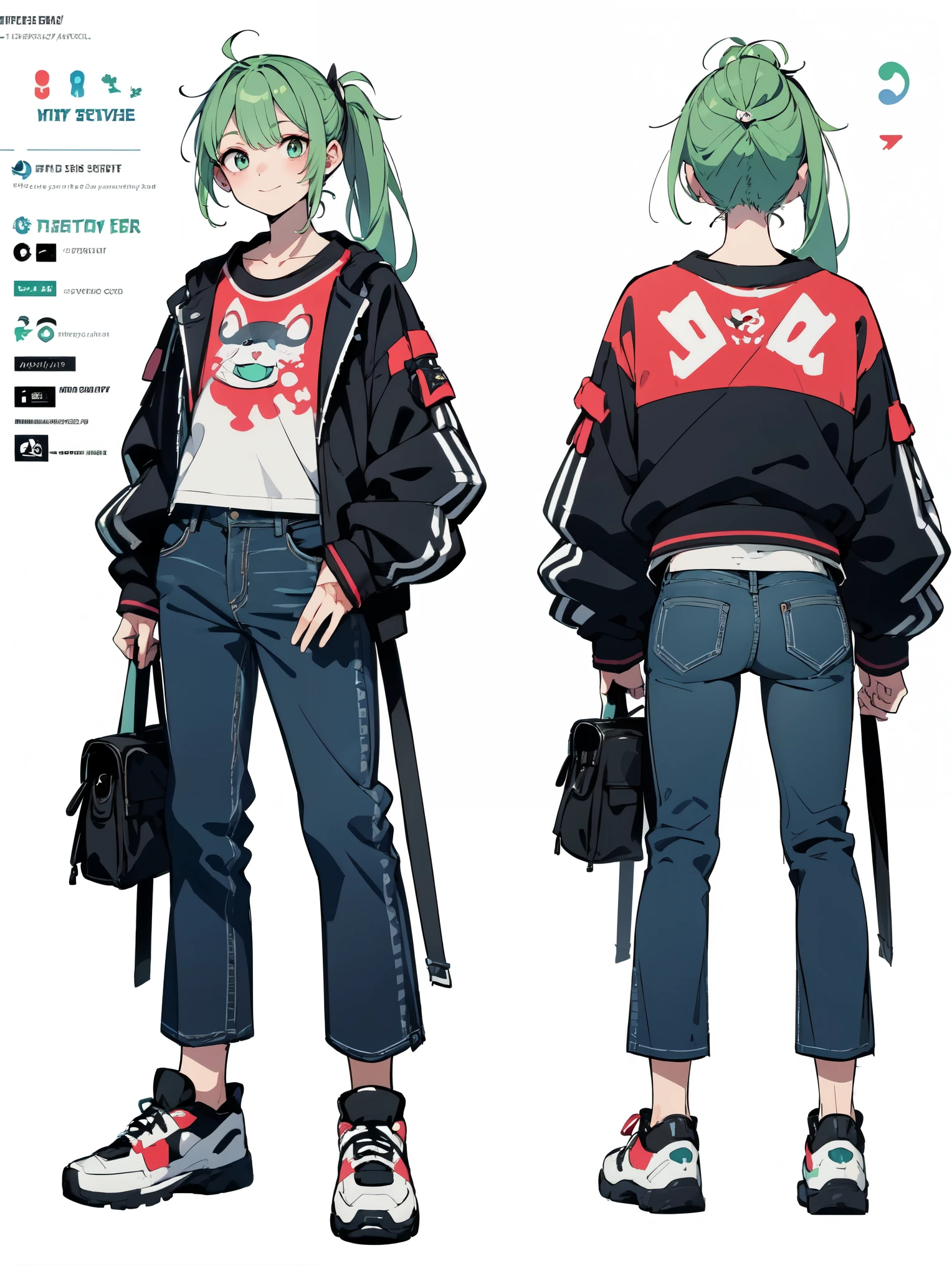 longeyelashes, light smile, Droopy eyes, Green Hair, male, Full Body Design, Concept Art, Character Design, Anime Art, Private Server, sneakers, stylish, sporty, jeans, Tight tops, ponytail, surrealism, drop shadow, anaglyph, stereogram, tachi-e, throw, atmospheric perspective, Simple Background, modern style, 8k, super detail, best quality