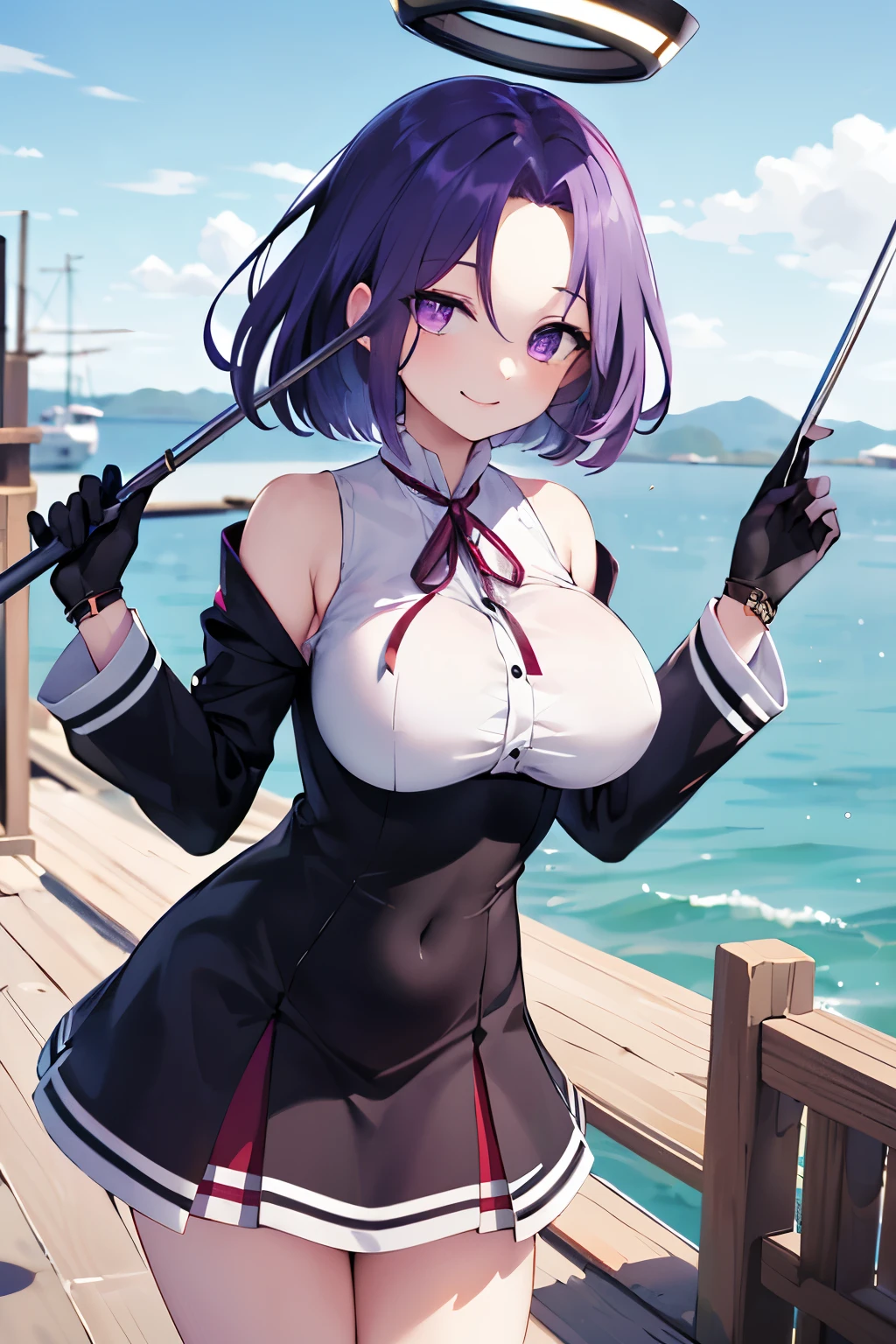 masterpiece, best quality, highres, mechanical halo, (big_breasts:1.2), black dress, neck ribbon, long sleeves, black gloves, outdoors, cowboy shot, standing, holding weapon, polearm,smile,,harbor_town_landscape,purple_halfeyes,(scornful eyes:1.4)