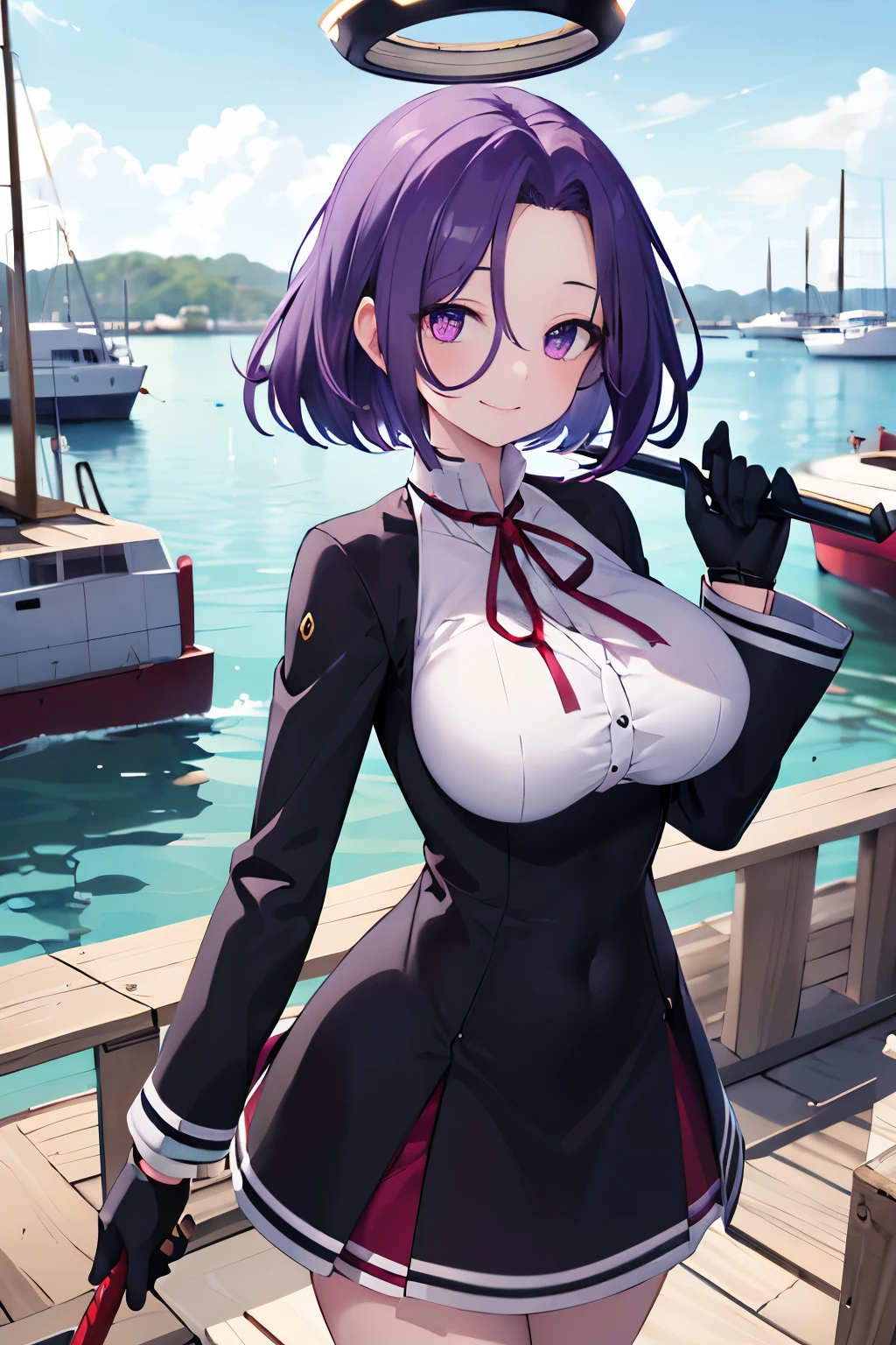 masterpiece, best quality, highres, mechanical halo, (big_breasts:1.2), black dress, neck ribbon, long sleeves, black gloves, outdoors, cowboy shot, standing, holding weapon, polearm,smile,,harbor_town_landscape,purple_halfeyes,(scornful eyes:1.4)